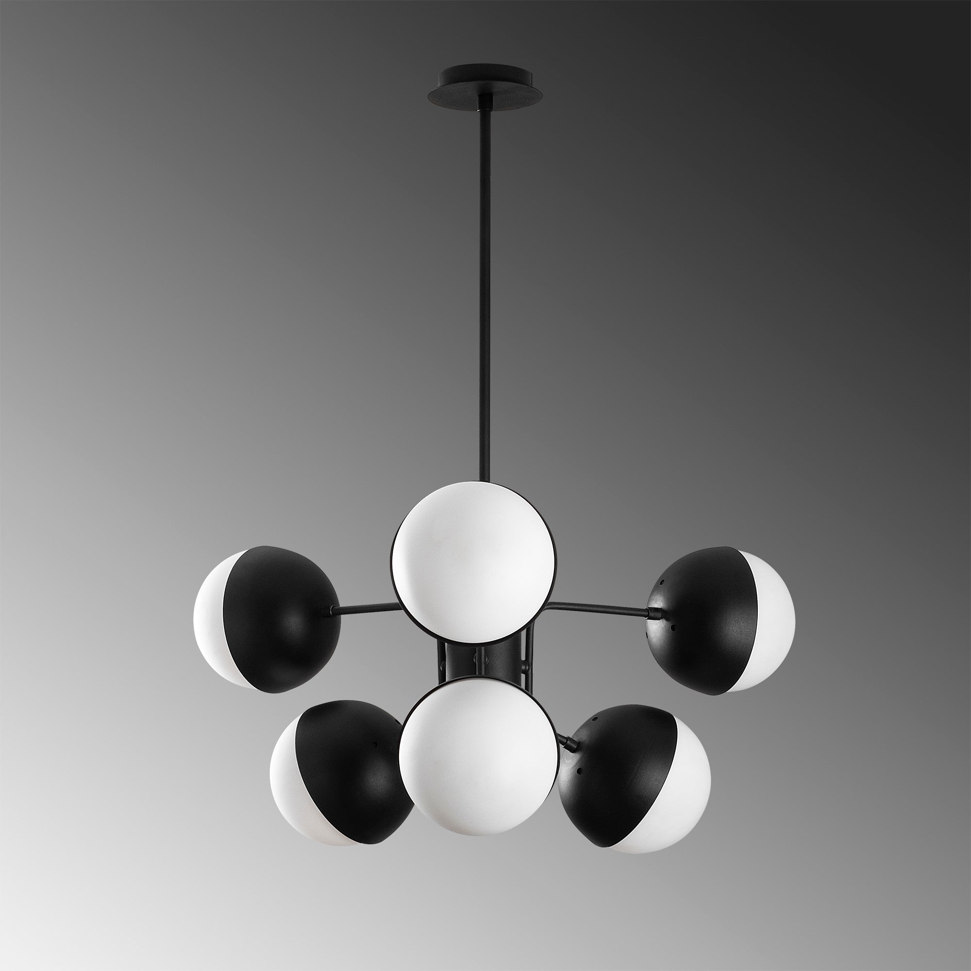 Candeeiro de Teto Industrial Moderno, Preto e Branco, 64 x 64 cm, Altura: 79 cm | Corpo de Metal, Tampa de Vidro, 6 x E27 Máx. 40 W | Iluminação Elegante para Casa e Escritório