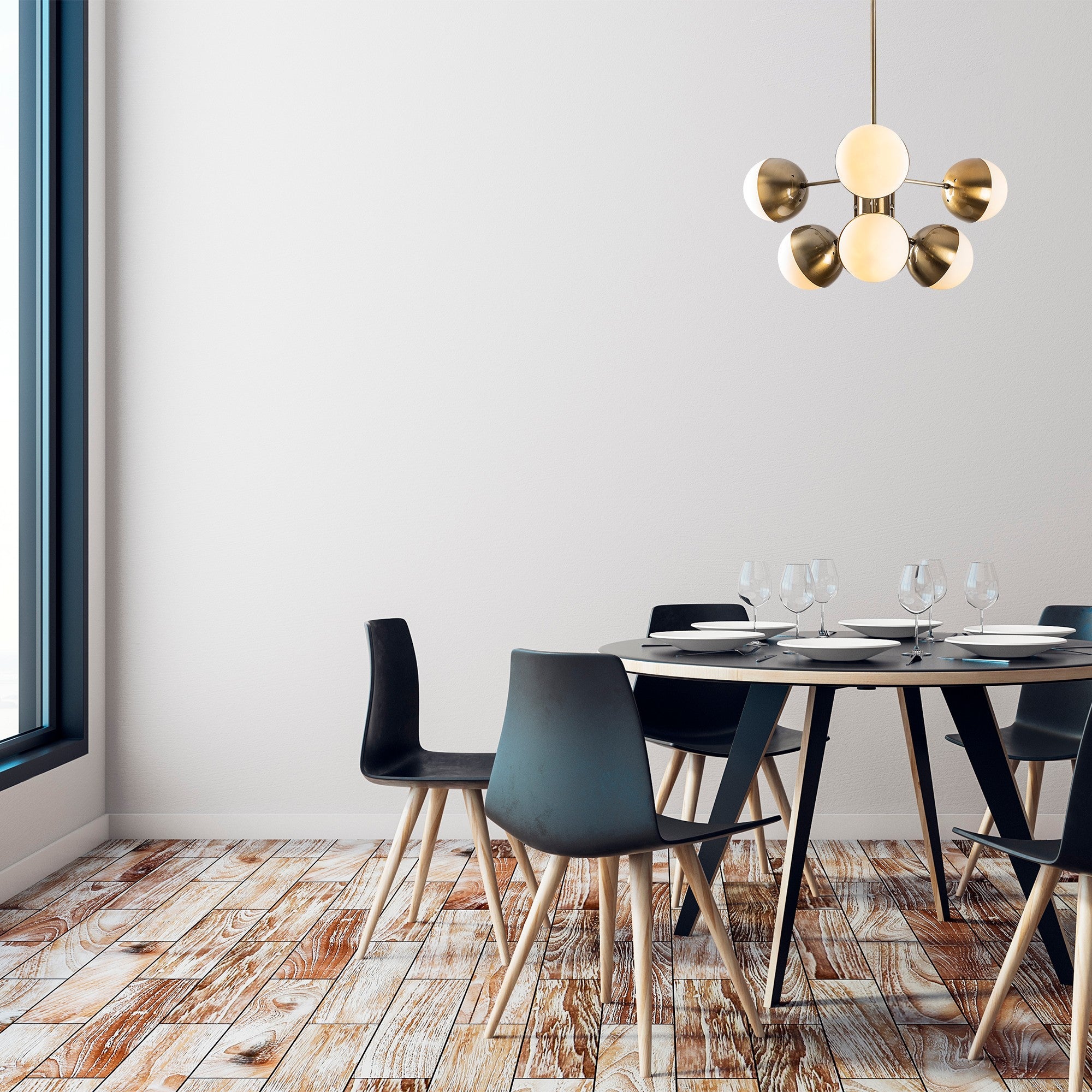 Candeeiro de Teto moderno com corpo de metal e tampa de vidro, 64 x 64 cm, altura 79 cm | 6 soquetes E27, acabamento vintage e branco | Design glamouroso e escandinavo