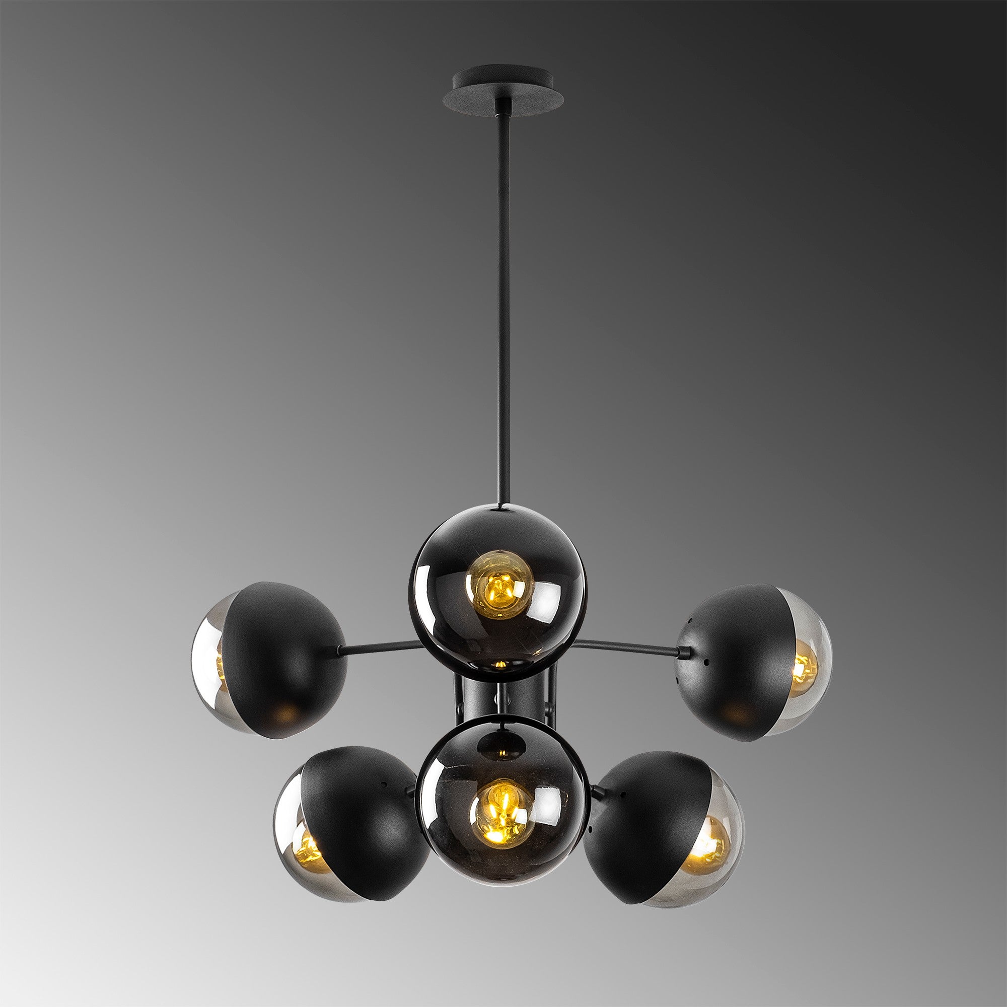 Candeeiro de Teto Industrial Moderno, Corpo em Metal Preto, 64 x 64 cm, Altura 79 cm | 6 Soquetes E27, Design Escandinavo Elegante para Casa e Escritório