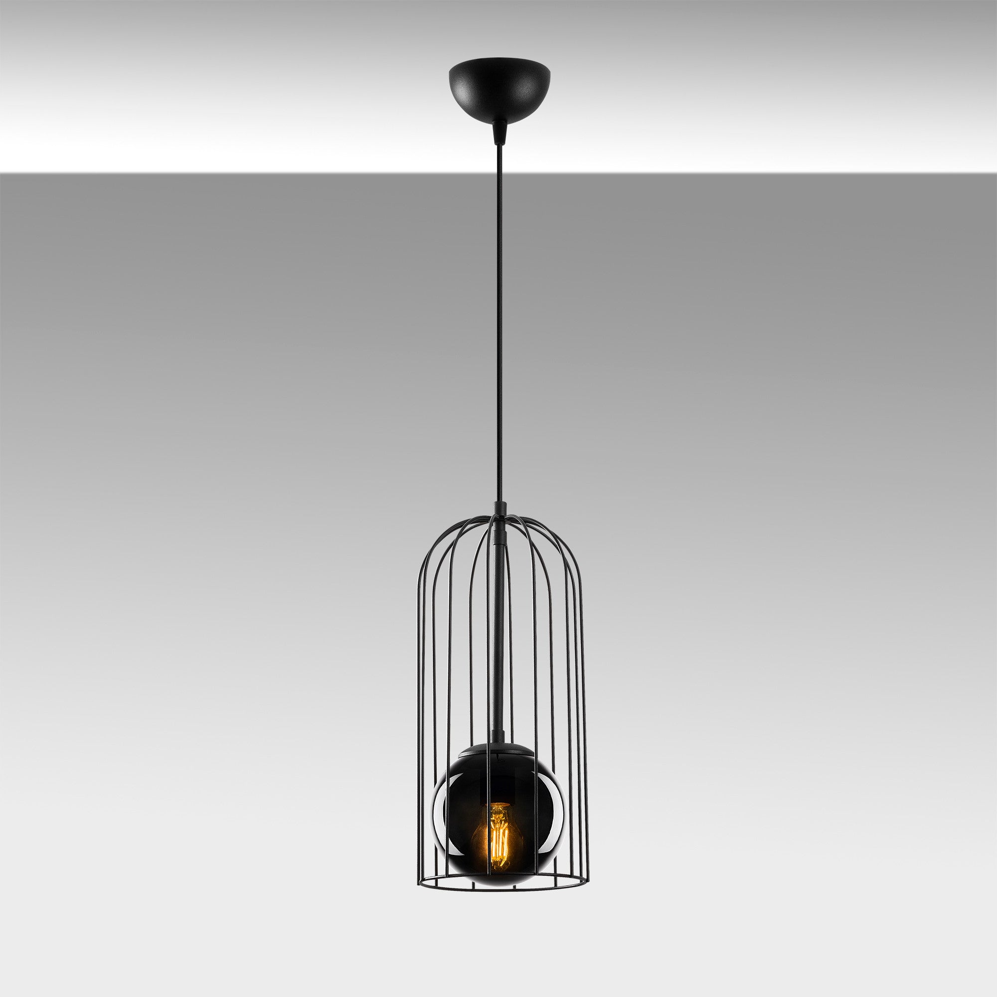 Candeeiro de Teto Industrial, Preto e Fumê, 17 x 17 cm, Altura 139 cm | Ajustável, Soquete E27, IP20 | Corpo de Metal Elegante, Perfeito para Espaços Modernos