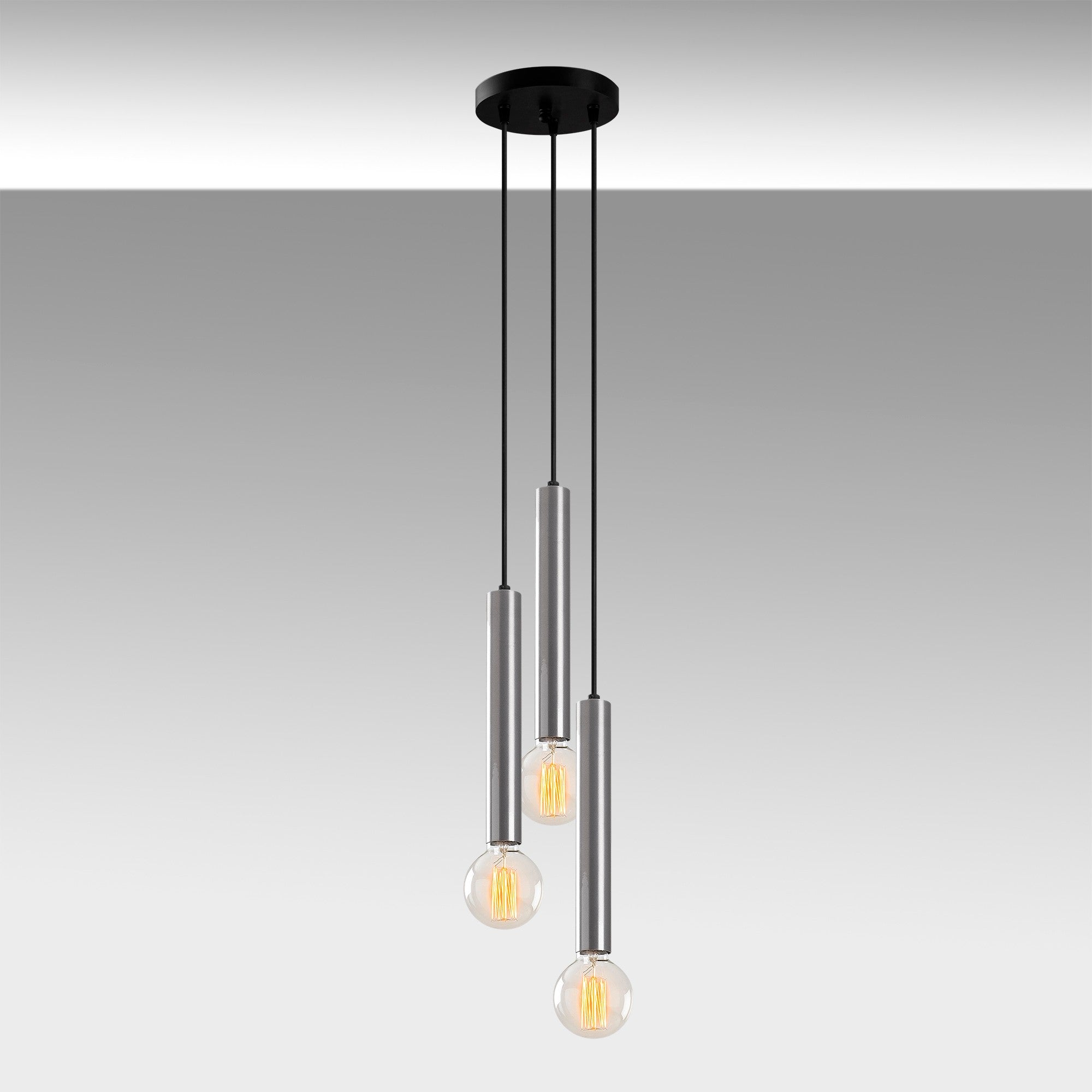 Candeeiro de Teto escandinavo elegante, corpo de metal prateado, 22 x 22 cm, altura 136 cm, ajustável, 3 x E27 máx. 40 W, perfeito para interiores modernos