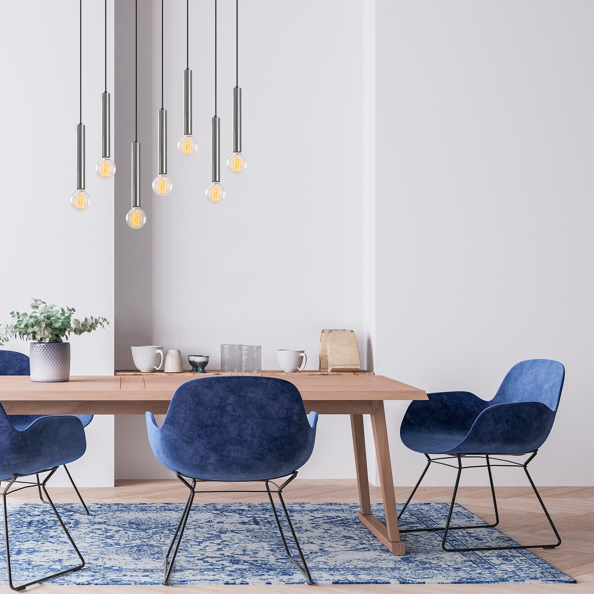 Candeeiro de Teto escandinavo elegante, corpo de metal prateado, 75 x 24 cm, altura 136 cm, ajustável, 7 x E27 máx. 40 W, perfeito para espaços modernos