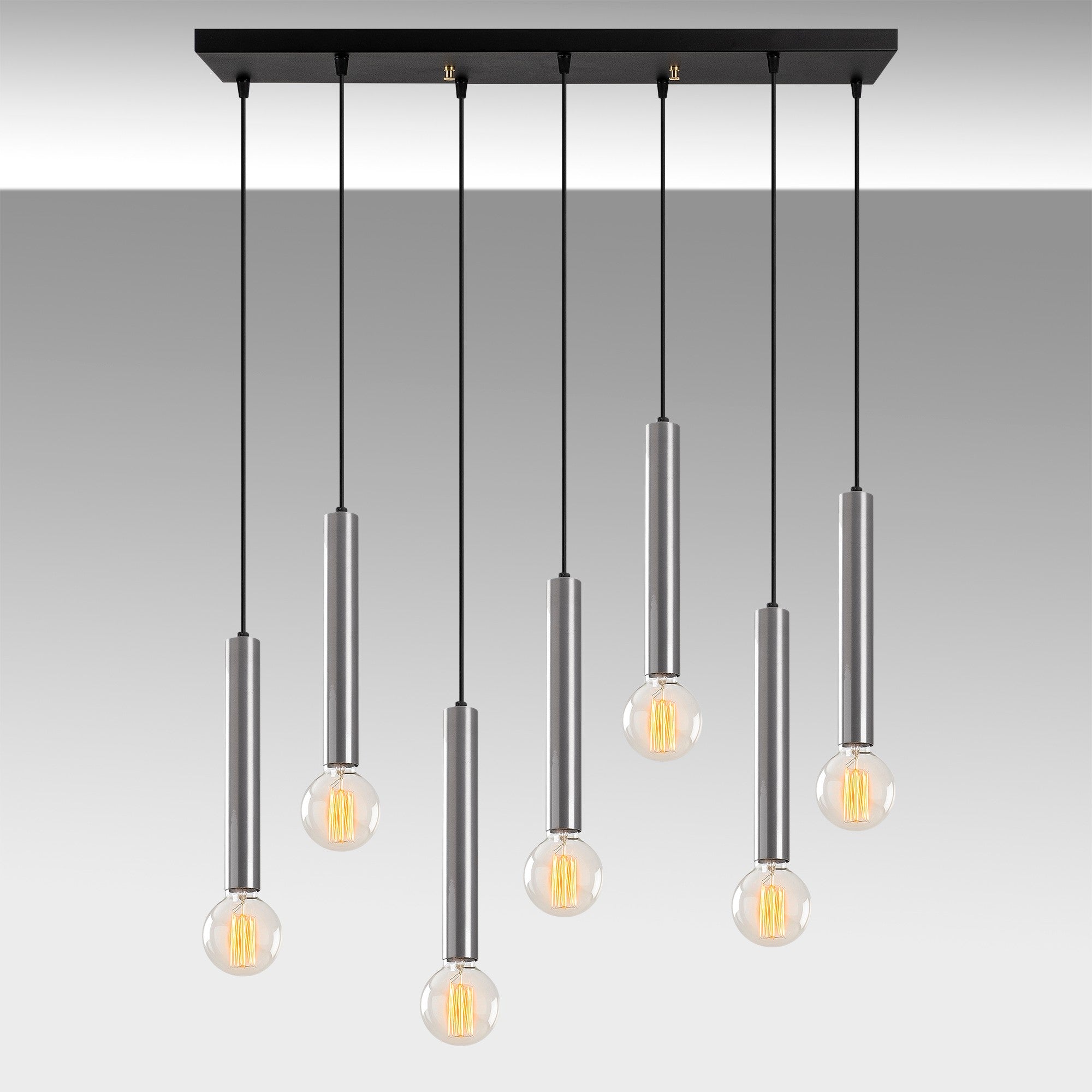Candeeiro de Teto escandinavo elegante, corpo de metal prateado, 75 x 24 cm, altura 136 cm, ajustável, 7 x E27 máx. 40 W, perfeito para espaços modernos