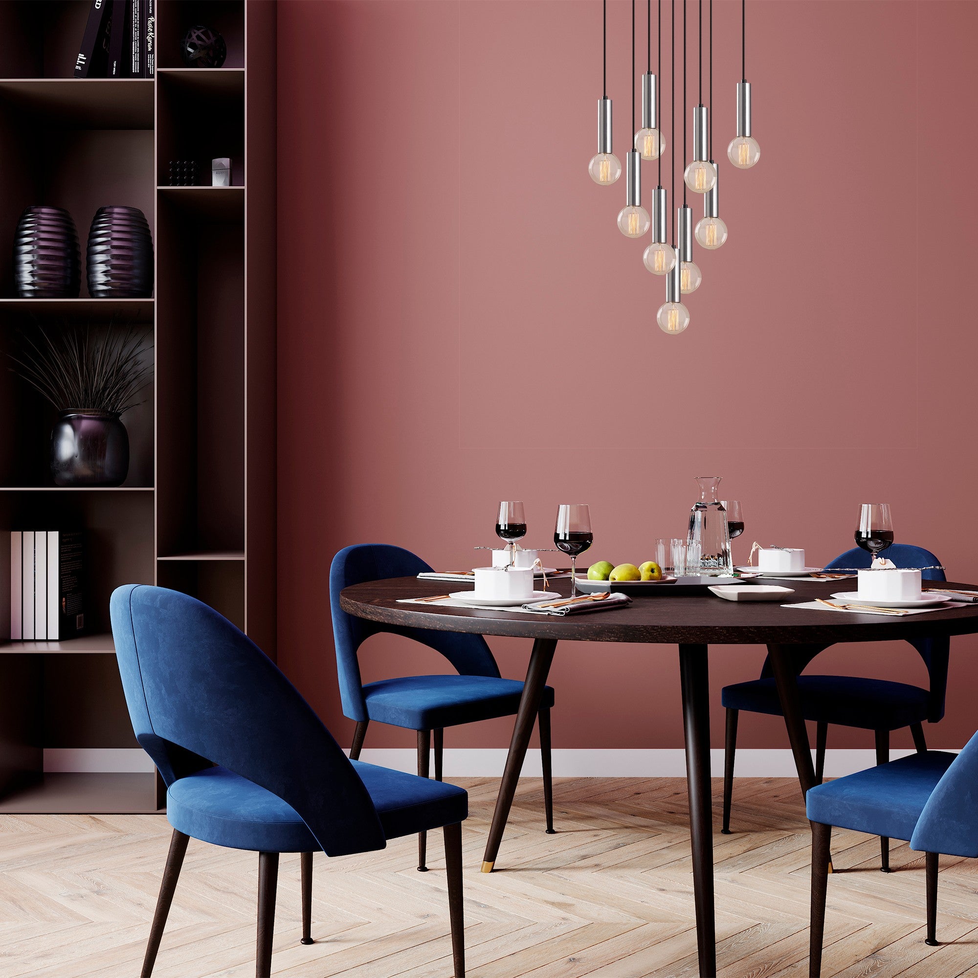 Candeeiro de Teto escandinavo elegante, corpo de metal prateado, 50 x 50 cm, altura 136 cm, ajustável, 9 x E27 máx. 40 W, iluminação elegante para espaços modernos