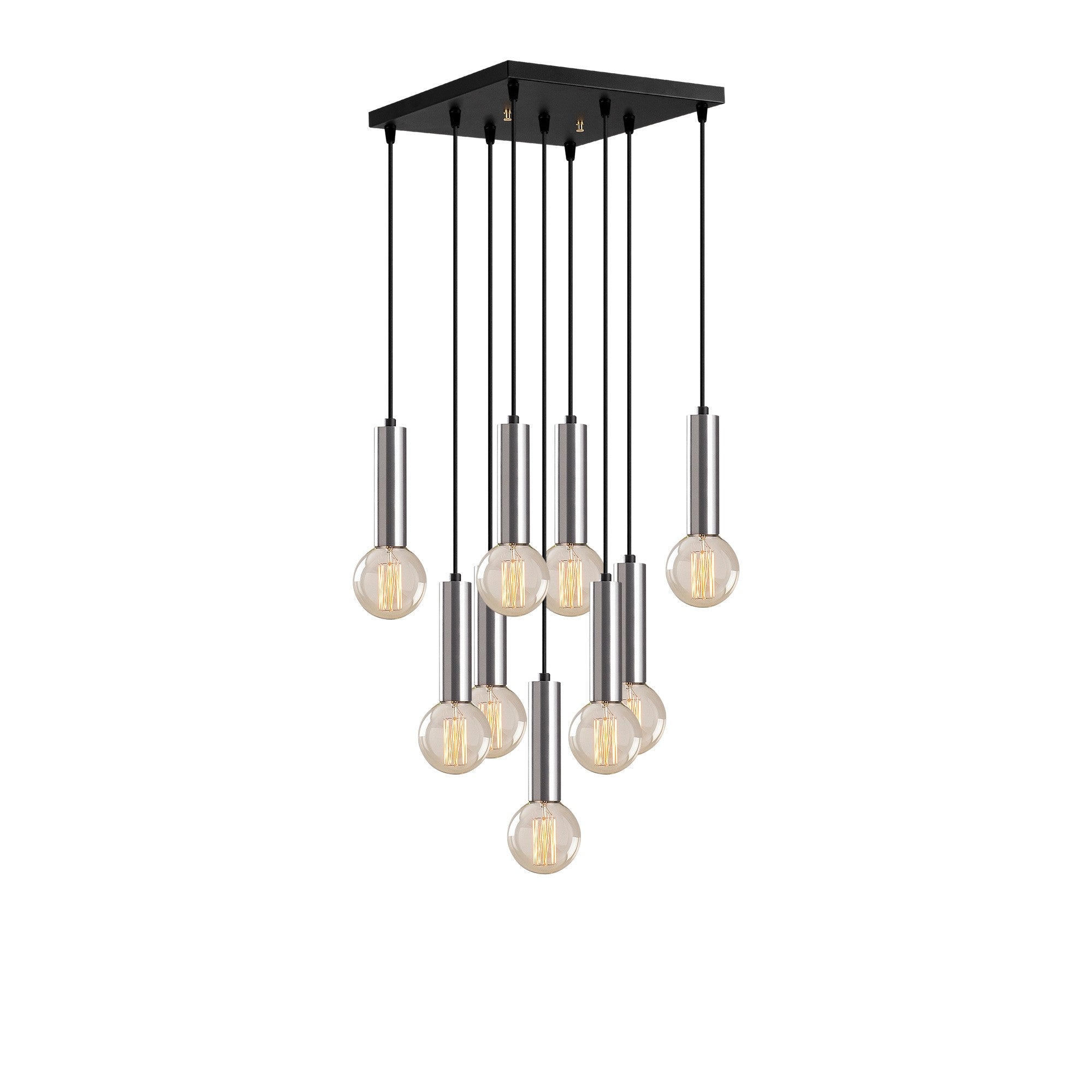Candeeiro de Teto escandinavo elegante, corpo de metal prateado, 50 x 50 cm, altura 136 cm, ajustável, 9 x E27 máx. 40 W, iluminação elegante para espaços modernos