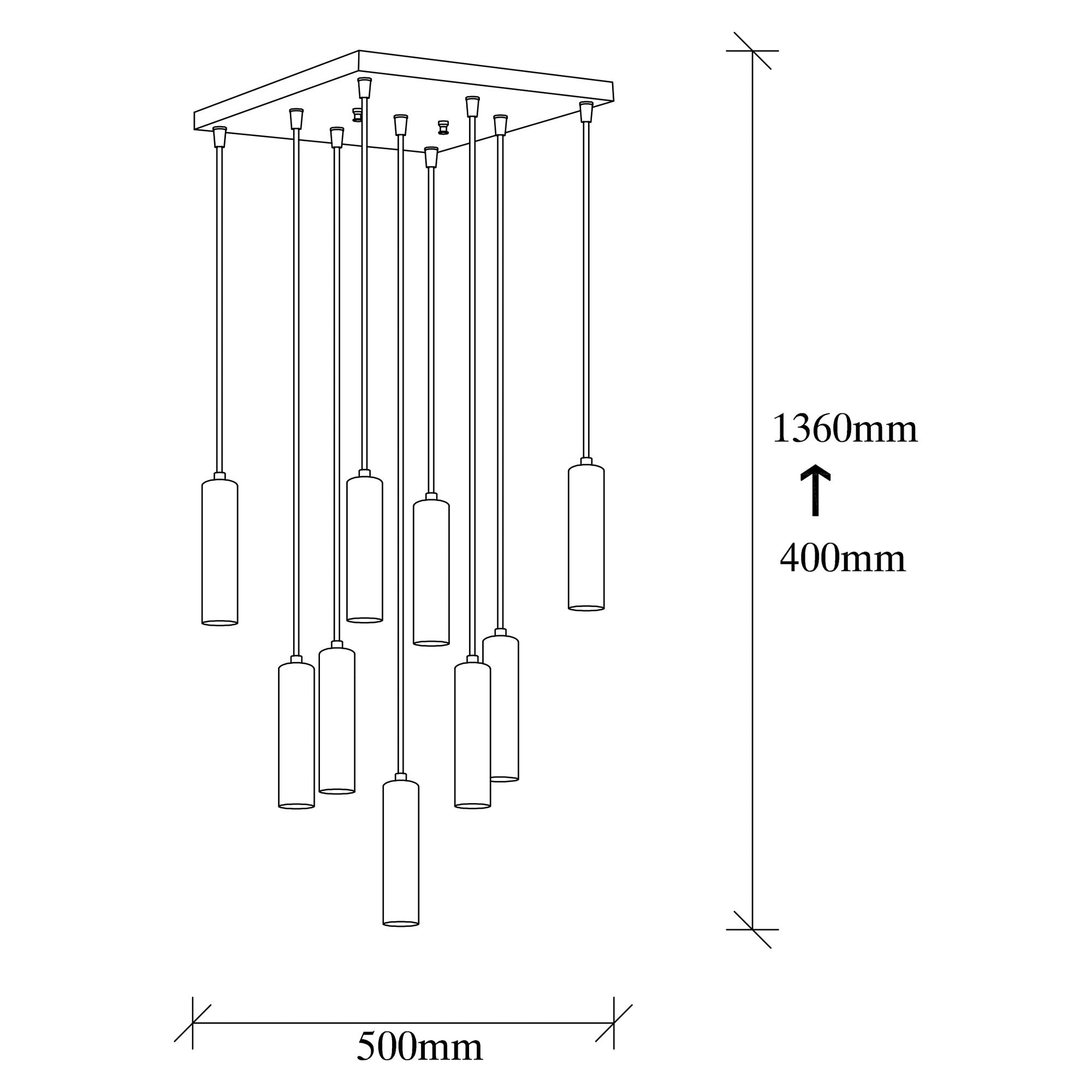 Candeeiro de Teto escandinavo elegante, corpo de metal prateado, 50 x 50 cm, altura 136 cm, ajustável, 9 x E27 máx. 40 W, iluminação elegante para espaços modernos