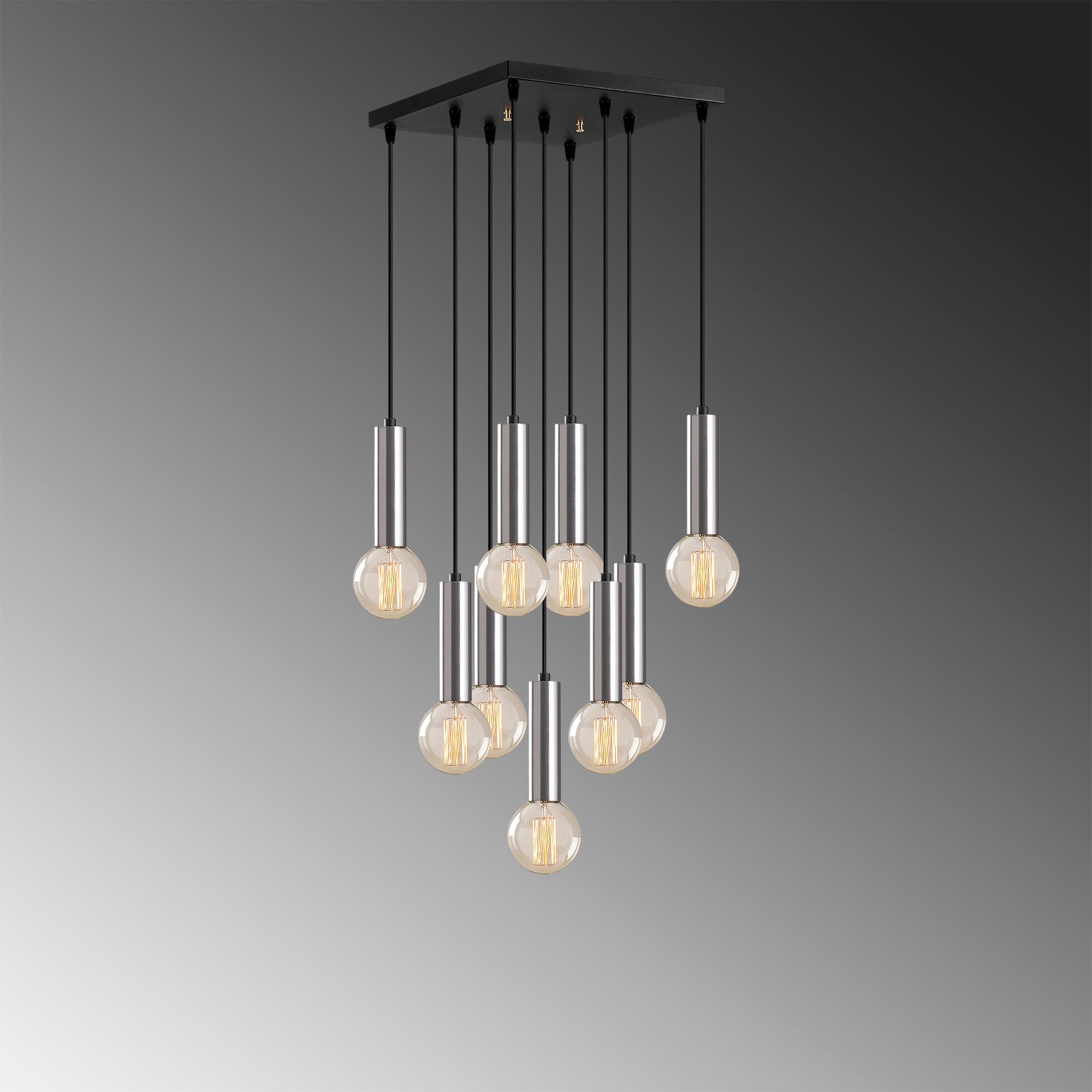 Candeeiro de Teto escandinavo elegante, corpo de metal prateado, 50 x 50 cm, altura 136 cm, ajustável, 9 x E27 máx. 40 W, iluminação elegante para espaços modernos
