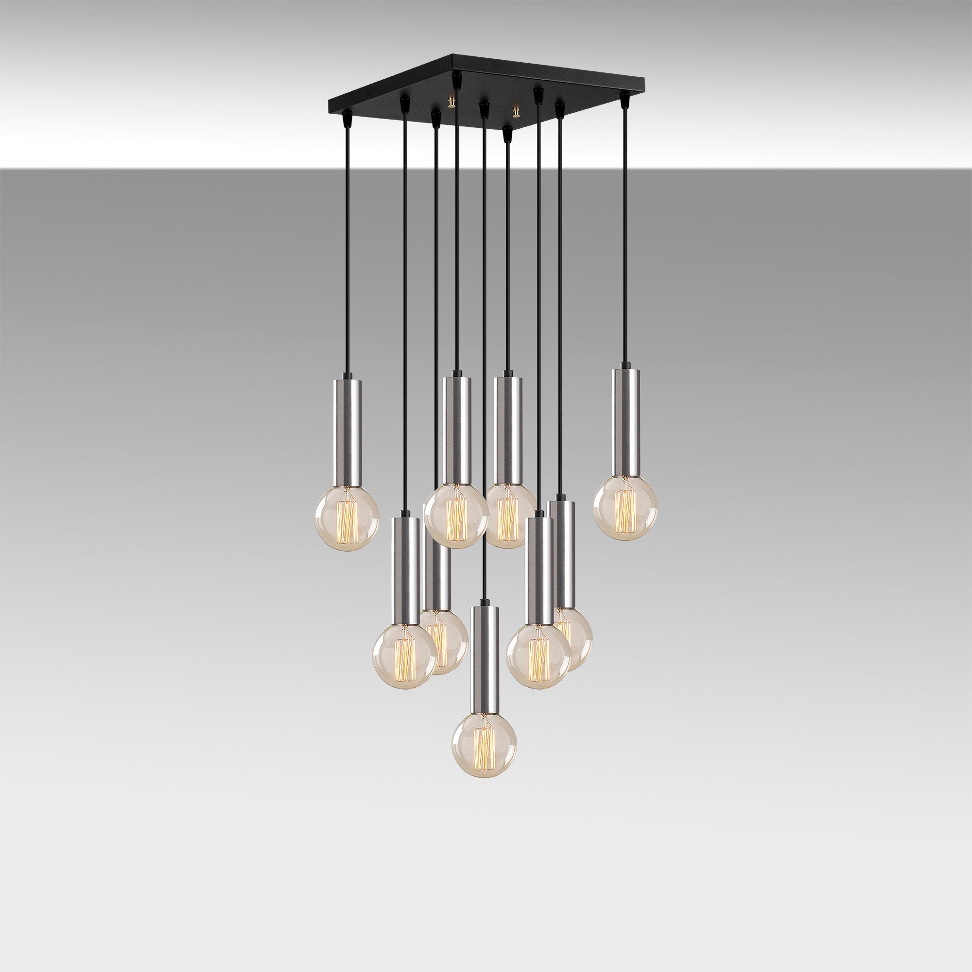 Candeeiro de Teto escandinavo elegante, corpo de metal prateado, 50 x 50 cm, altura 136 cm, ajustável, 9 x E27 máx. 40 W, iluminação elegante para espaços modernos