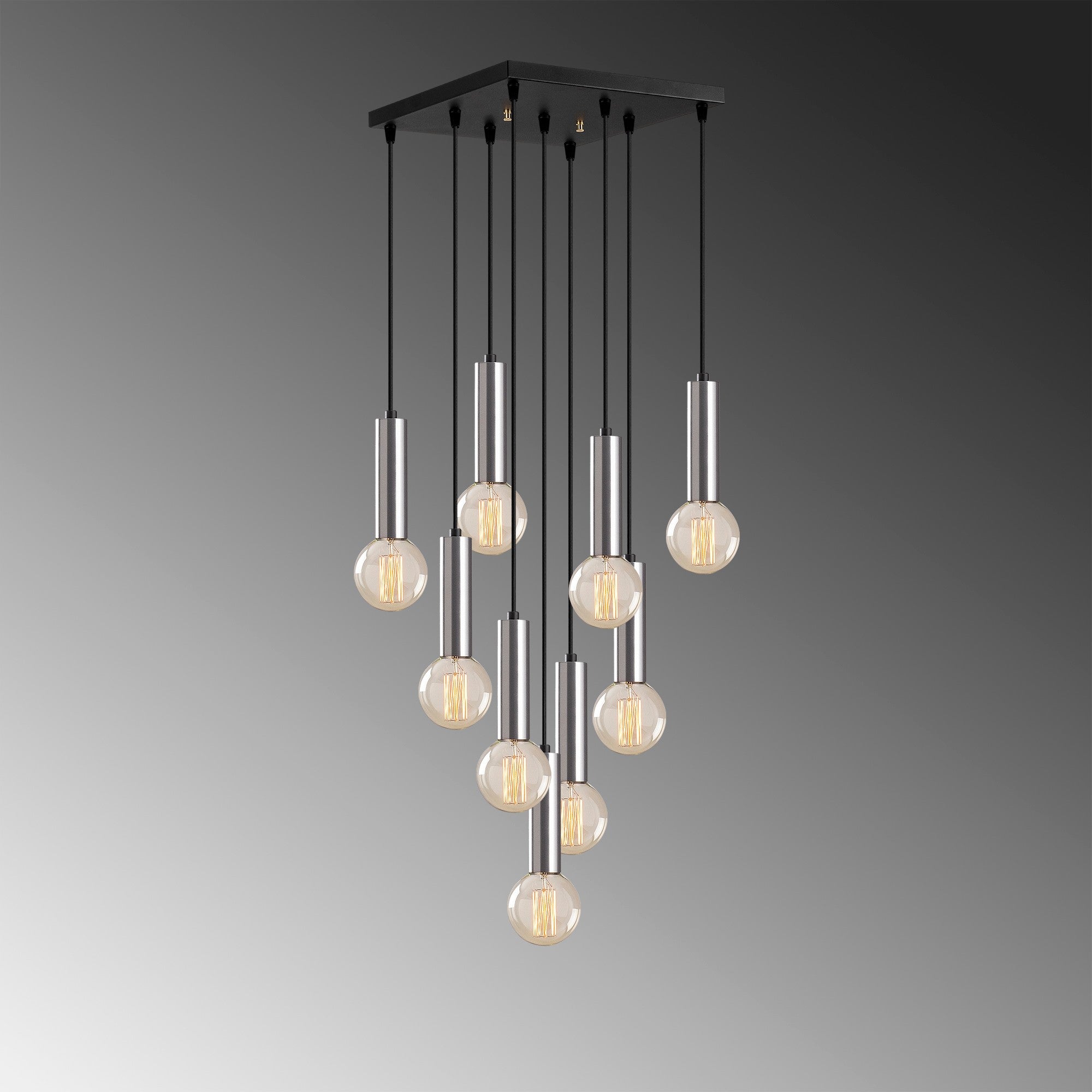 Candeeiro de Teto escandinavo elegante, corpo de metal prateado, 50 x 50 cm, altura 136 cm, ajustável, 9 x E27 máx. 40 W, iluminação elegante para espaços modernos