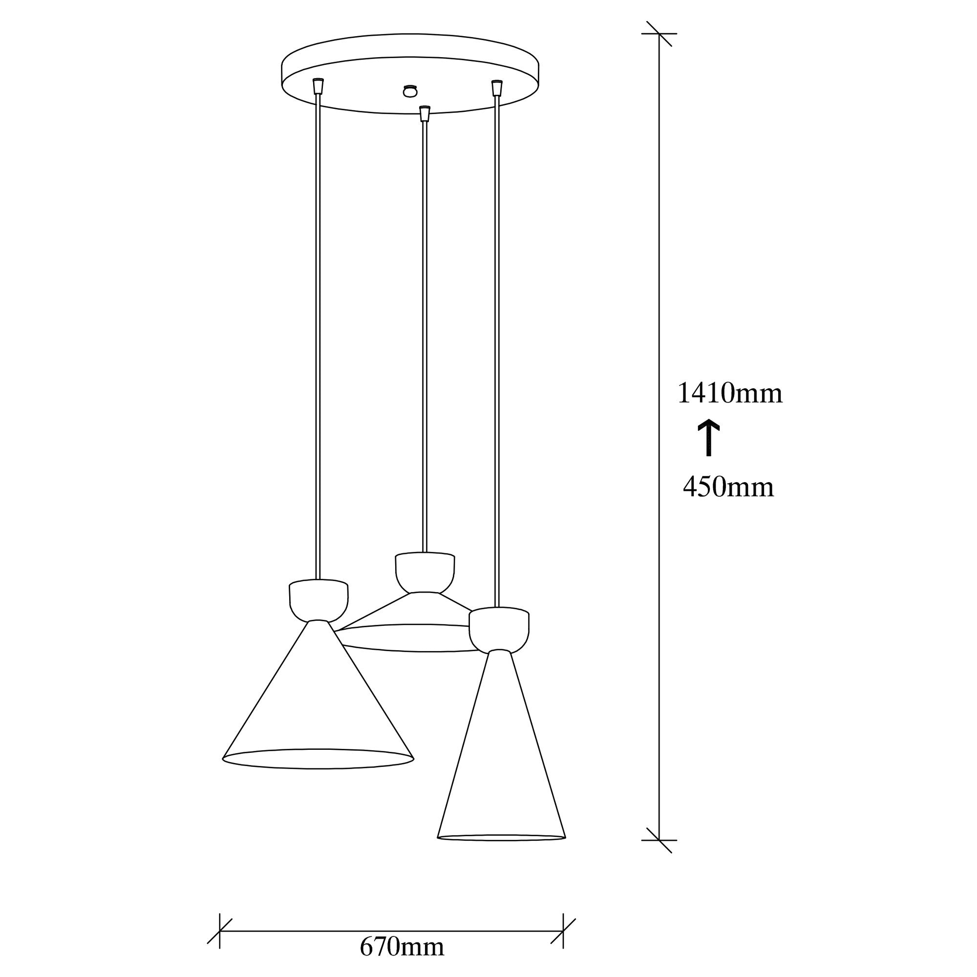Candeeiro de Teto Preto Moderno, 67 x 67 cm, Altura 141 cm | Corpo em Metal, Altura Ajustável, 3 x E27 Máx. 40 W | Design Escandinavo Elegante para Decoração de Casa