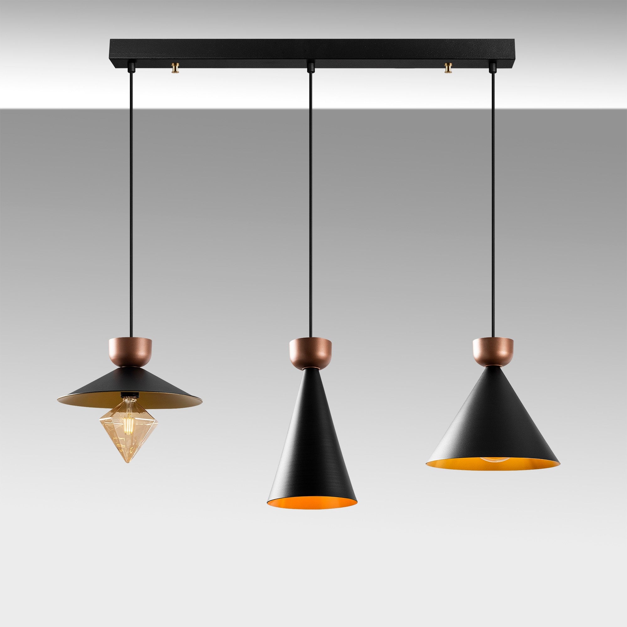 Candeeiro de Teto preto moderno, corpo de metal, 100 x 30 cm, altura 141 cm, ajustável, 3 soquetes E27, design escandinavo elegante para casa e escritório