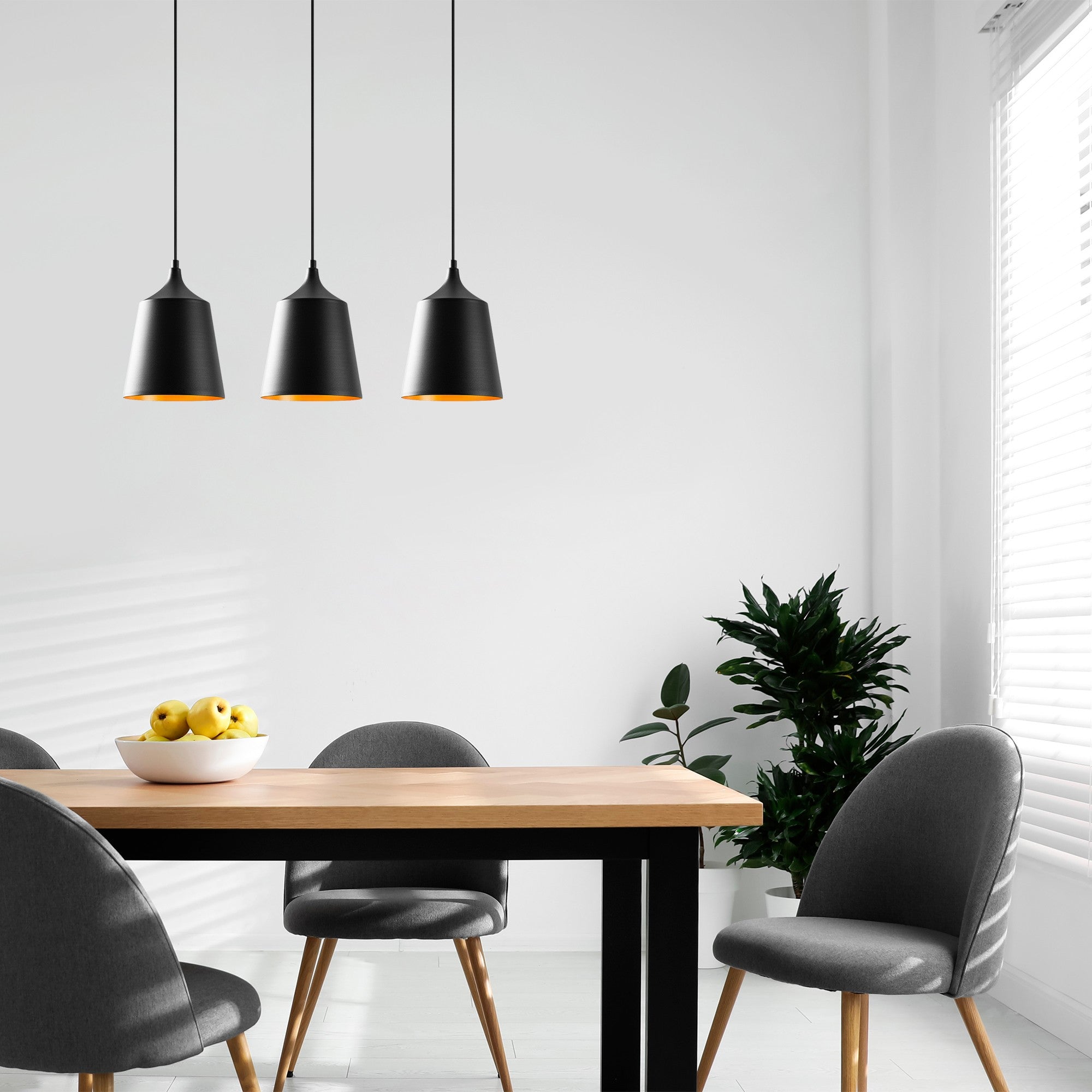 Candeeiro de Teto industrial moderno, corpo de metal preto, 70 x 20 cm, altura ajustável de 135 cm, 3 soquetes E27, design escandinavo elegante para casa e escritório