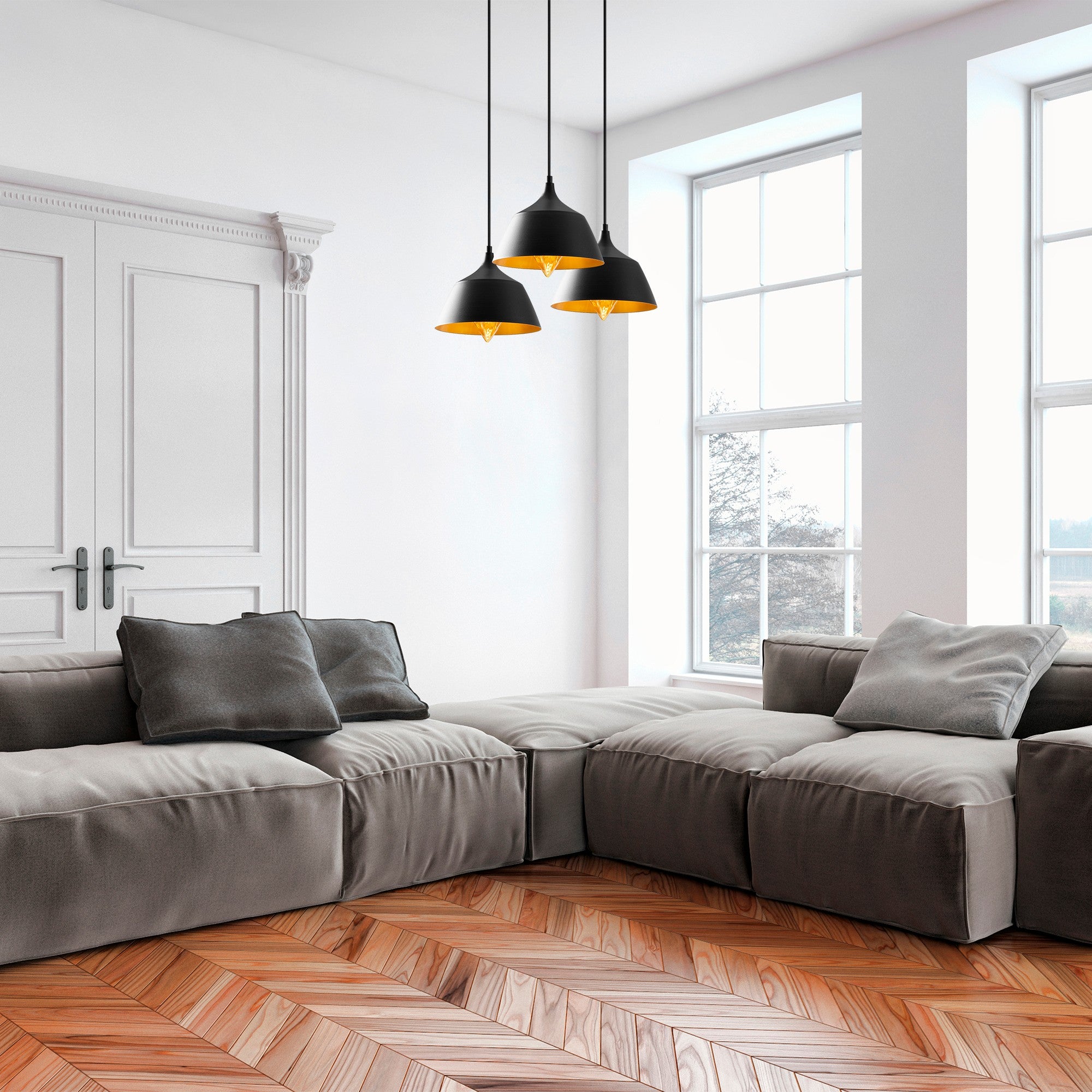 Candeeiro de Teto industrial moderno, corpo de metal preto, 52 x 52 cm, altura 128 cm, ajustável, 3 soquetes E27, perfeito para decoração escandinava e inovadora