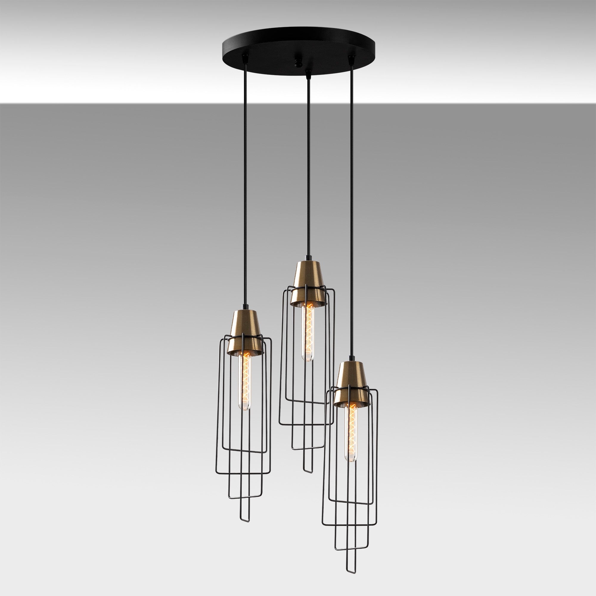 Candeeiro de Teto Preto Moderno, 36 x 36 cm, Altura Ajustável 130 cm | Corpo de Metal, 3 x E27 máx. 40 W | Iluminação Elegante para Casa e Escritório, Classificação IP20