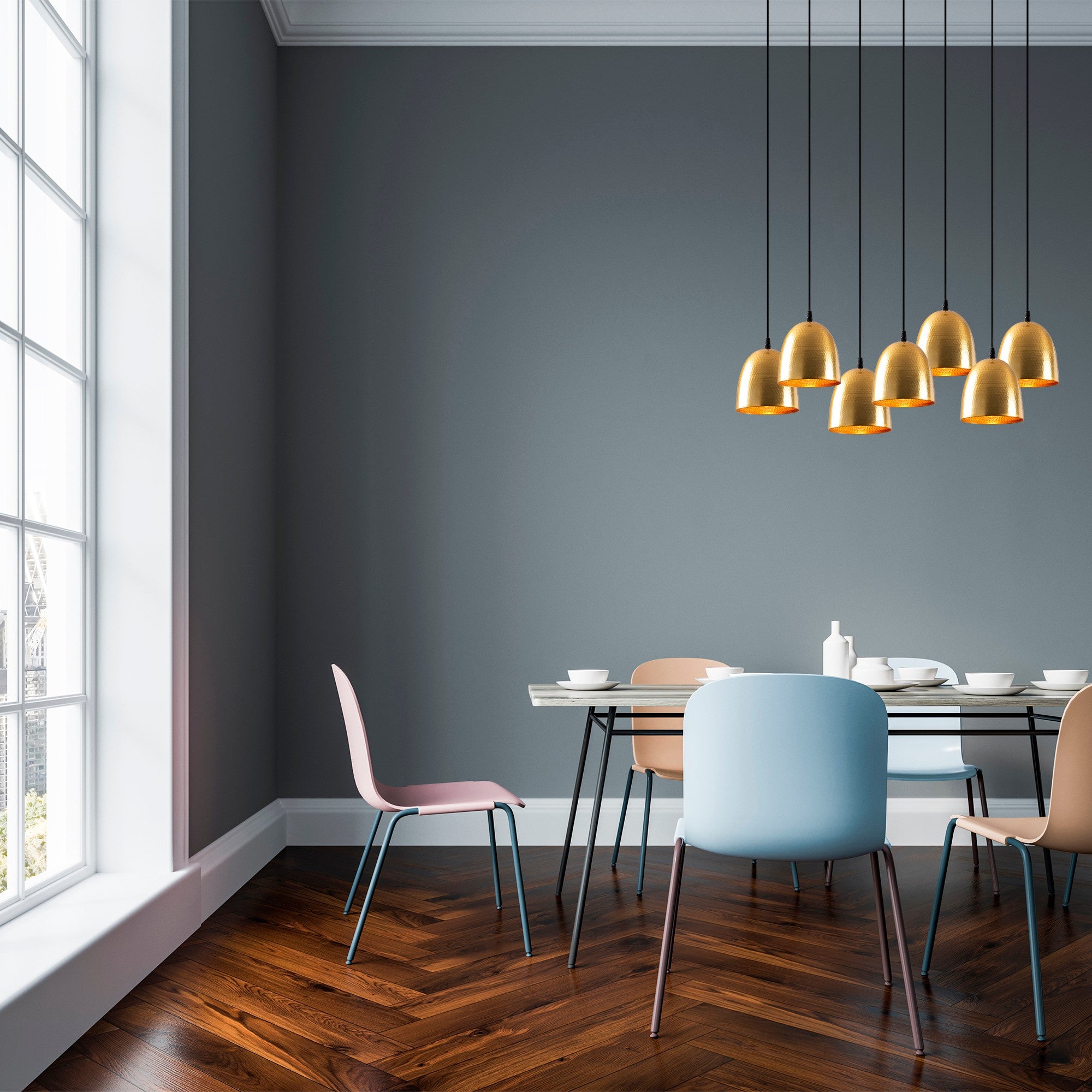 Candeeiro de Teto Dourado Elegante, 85 x 35 cm, Altura 113 cm | Ajustável, 7 x E27, Máx. 40 W | Design Escandinavo Moderno para Decoração Glamourosa