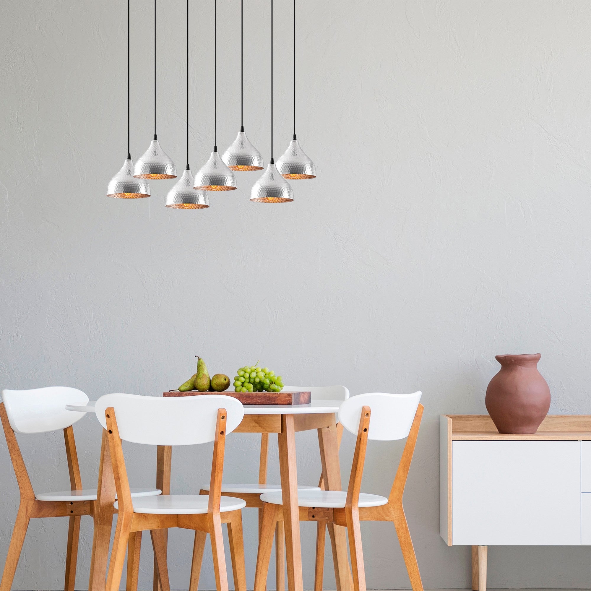 Candeeiro de Teto Escandinavo Elegante, Corpo em Metal Prateado, 88 x 40 cm, Altura 114 cm, Ajustável, 7 Soquetes E27, IP20 | Perfeito para Decoração Moderna