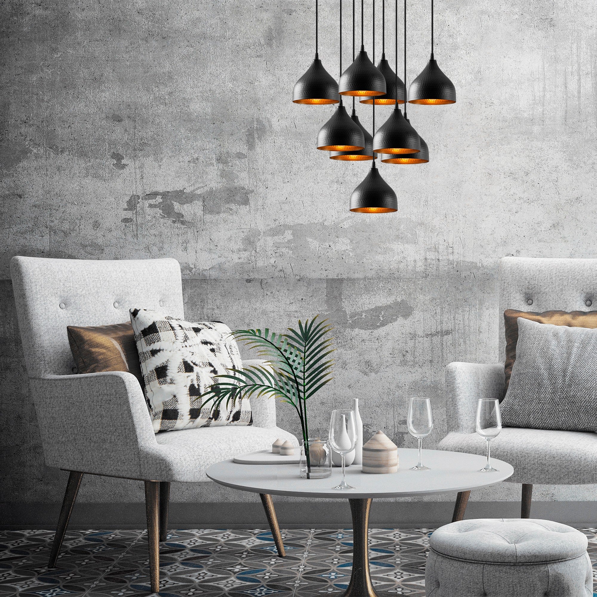 Candeeiro de Teto Industrial Moderno, Corpo em Metal Preto, 63 x 63 cm, Altura 114 cm, Ajustável, 9 Soquetes E27 | Iluminação Elegante para Casa e Escritório