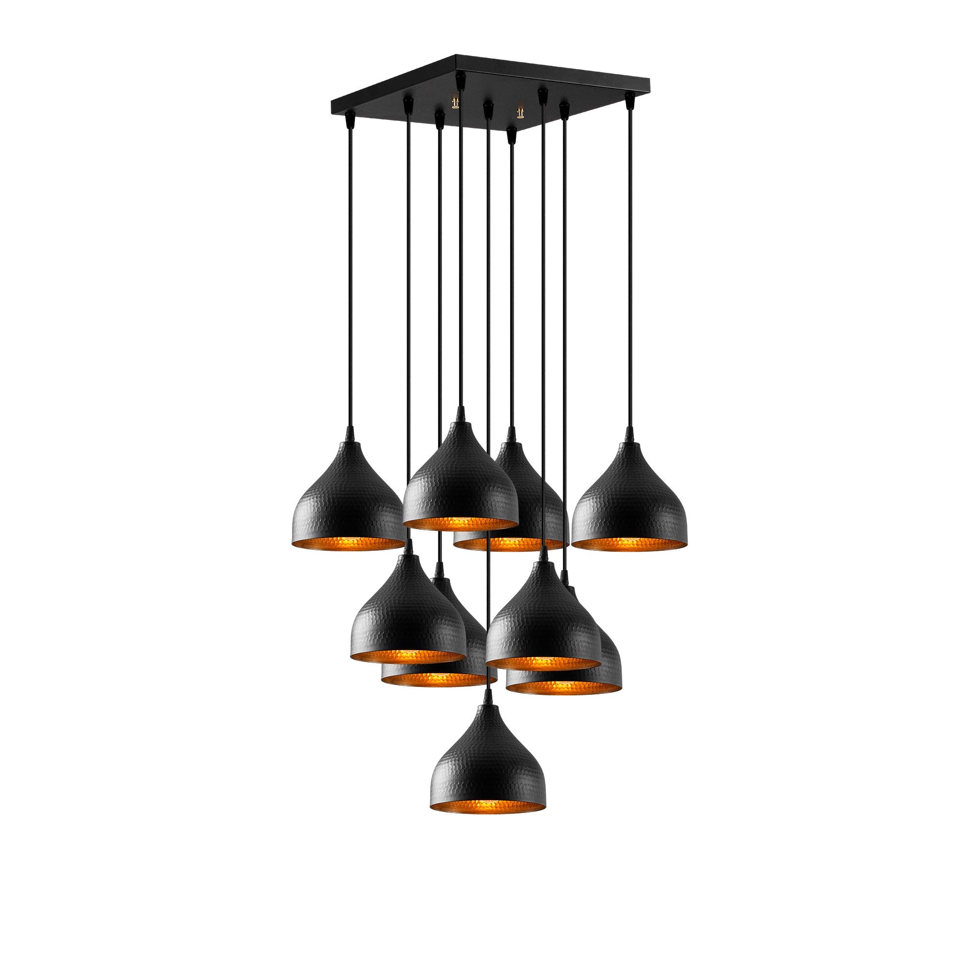 Candeeiro de Teto Industrial Moderno, Corpo em Metal Preto, 63 x 63 cm, Altura 114 cm, Ajustável, 9 Soquetes E27 | Iluminação Elegante para Casa e Escritório
