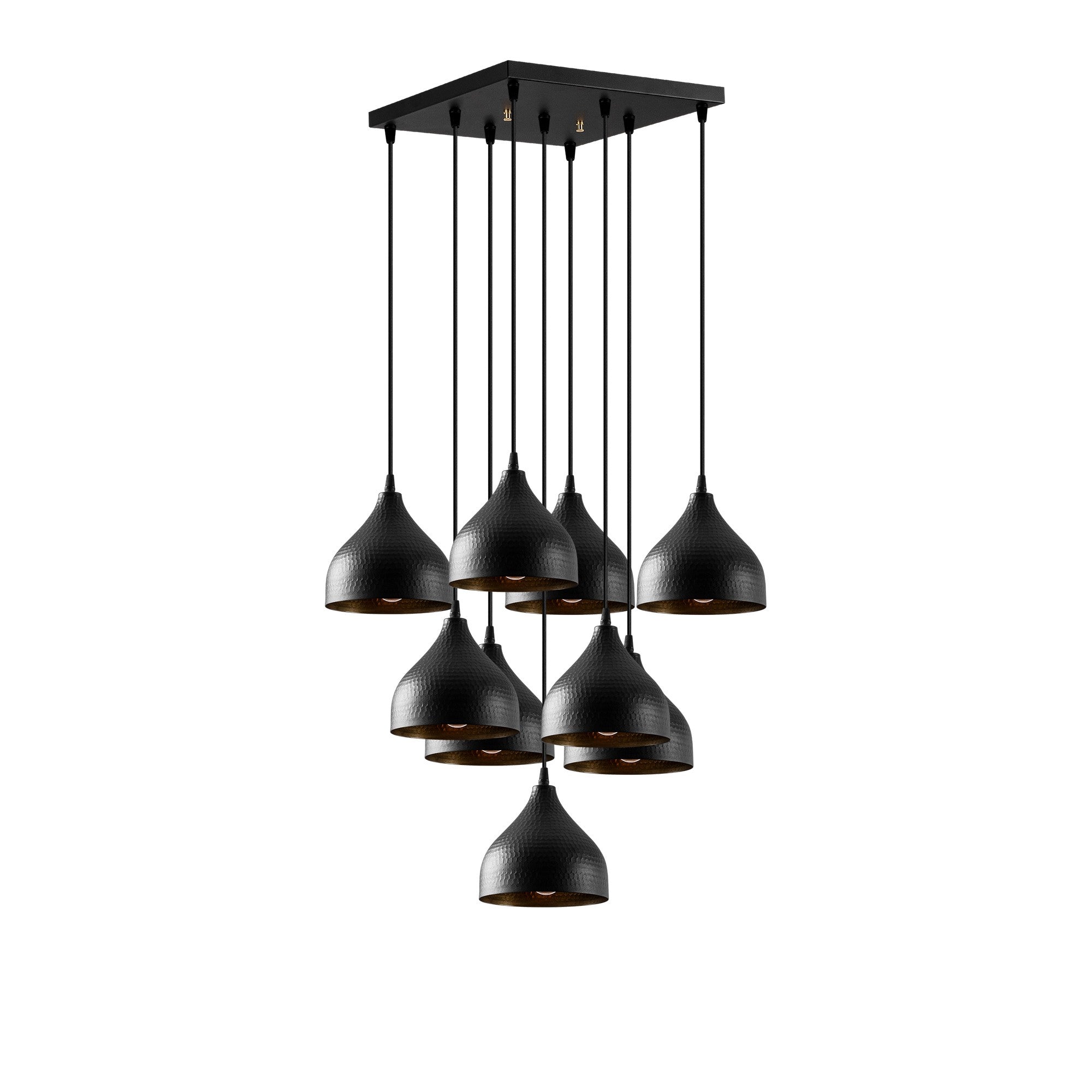 Candeeiro de Teto Industrial Moderno, Corpo em Metal Preto, 63 x 63 cm, Altura 114 cm, Ajustável, 9 Soquetes E27 | Iluminação Elegante para Casa e Escritório