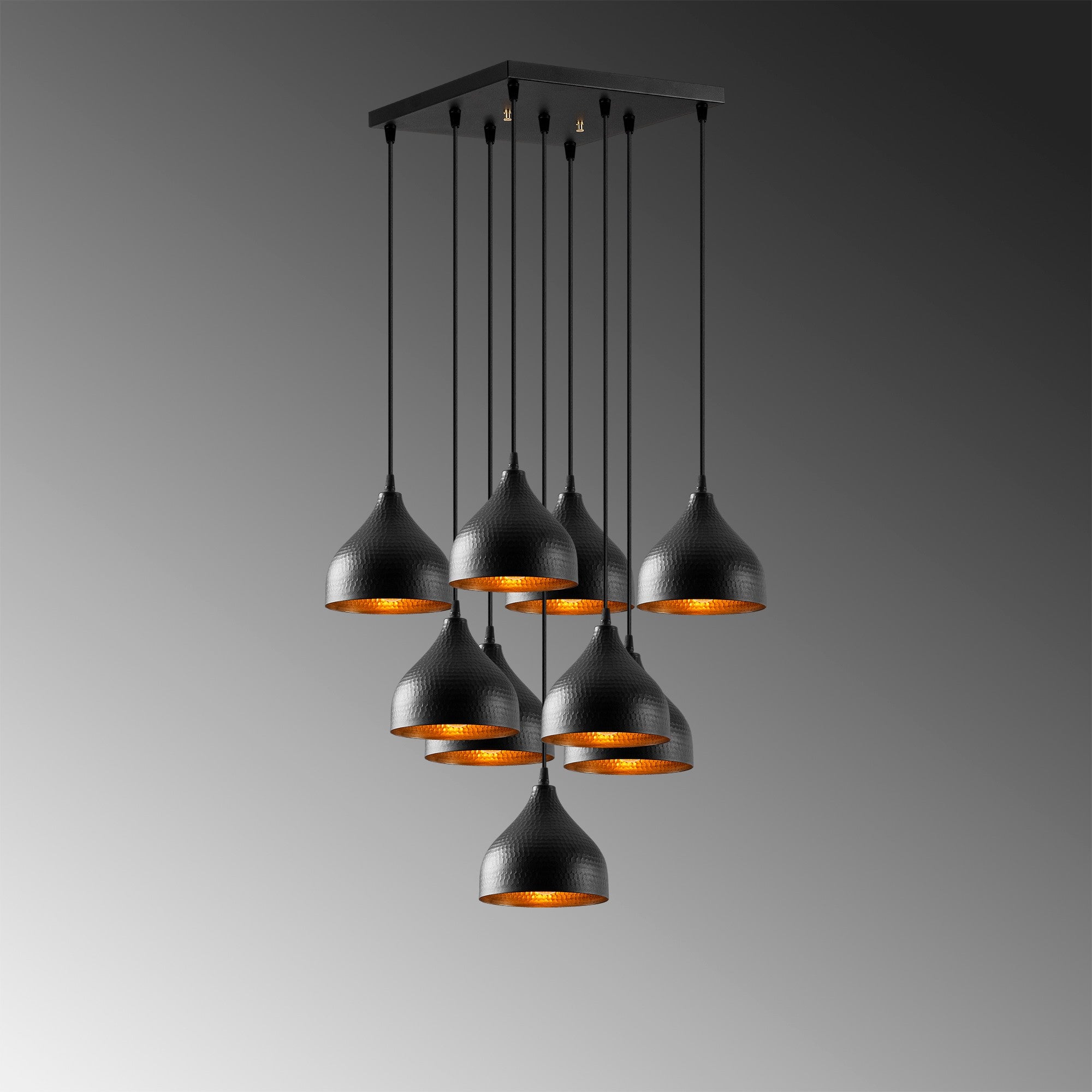 Candeeiro de Teto Industrial Moderno, Corpo em Metal Preto, 63 x 63 cm, Altura 114 cm, Ajustável, 9 Soquetes E27 | Iluminação Elegante para Casa e Escritório