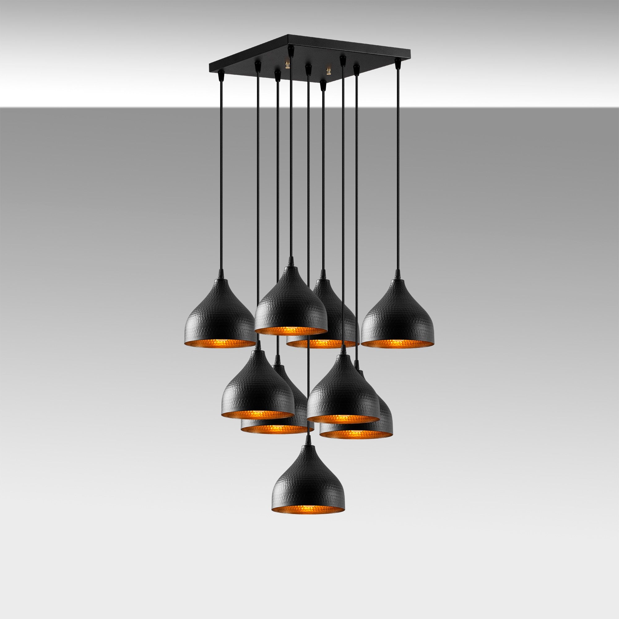 Candeeiro de Teto Industrial Moderno, Corpo em Metal Preto, 63 x 63 cm, Altura 114 cm, Ajustável, 9 Soquetes E27 | Iluminação Elegante para Casa e Escritório