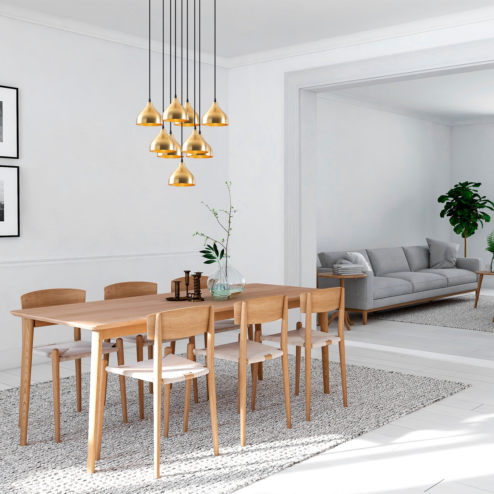 Candeeiro de Teto Dourado Elegante, 63 x 63 cm, Altura Ajustável 114 cm | Corpo em Metal, 9 x E27 Máx. 40 W | Design Escandinavo Moderno e Glamouroso para Casa e Sala de Jantar