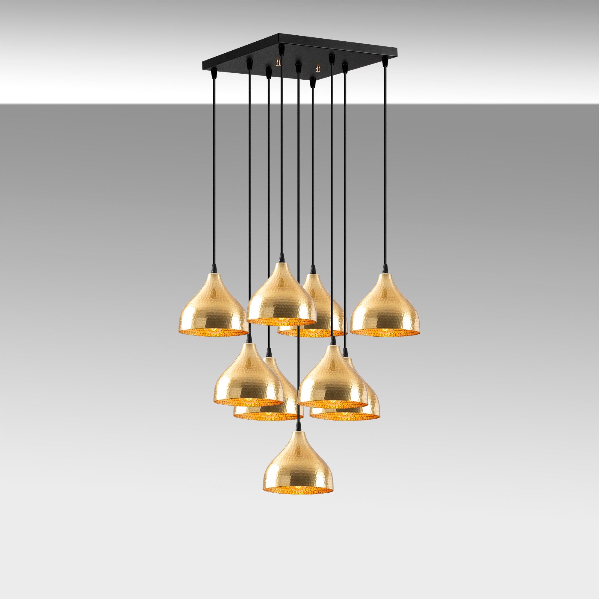 Candeeiro de Teto Dourado Elegante, 63 x 63 cm, Altura Ajustável 114 cm | Corpo em Metal, 9 x E27 Máx. 40 W | Design Escandinavo Moderno e Glamouroso para Casa e Sala de Jantar