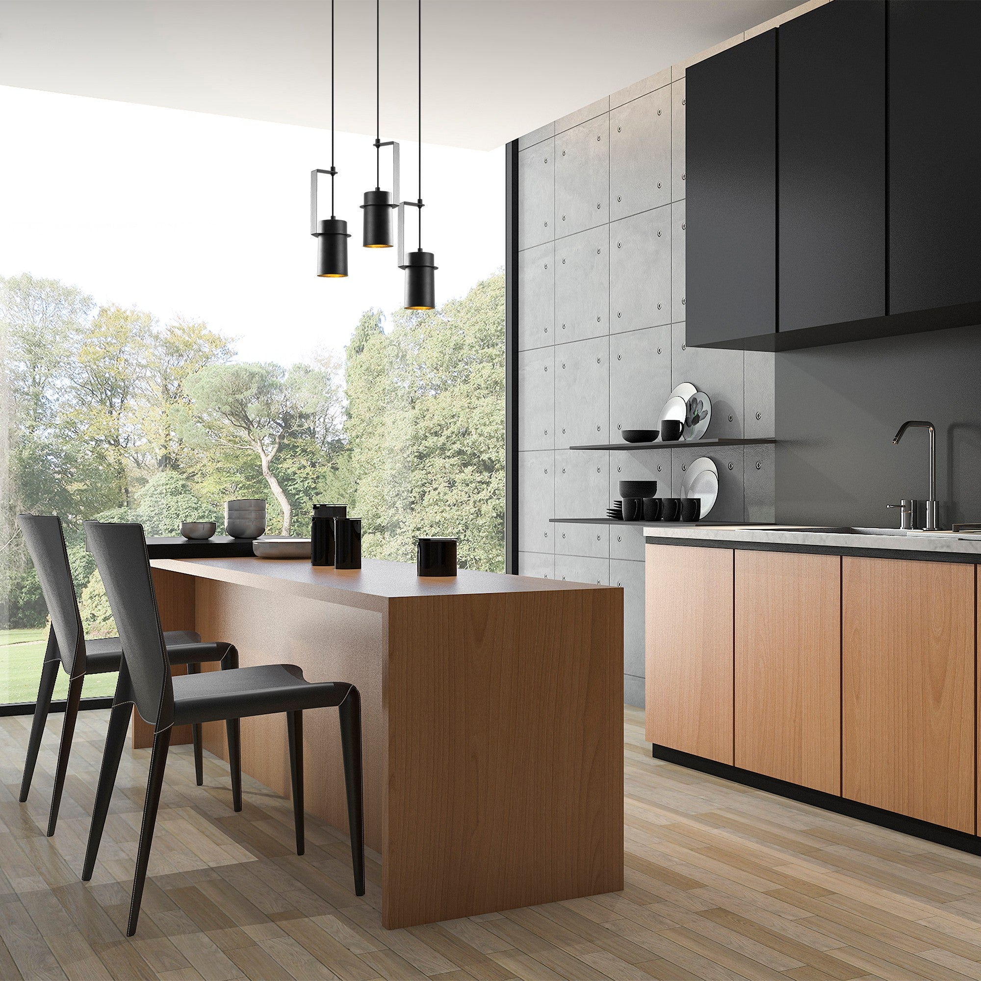 Candeeiro de Teto industrial preto, corpo de metal, 40 x 40 cm, altura 126 cm, ajustável, 3 x E27 máx. 40 W, design elegante para espaços modernos, classificação IP20.