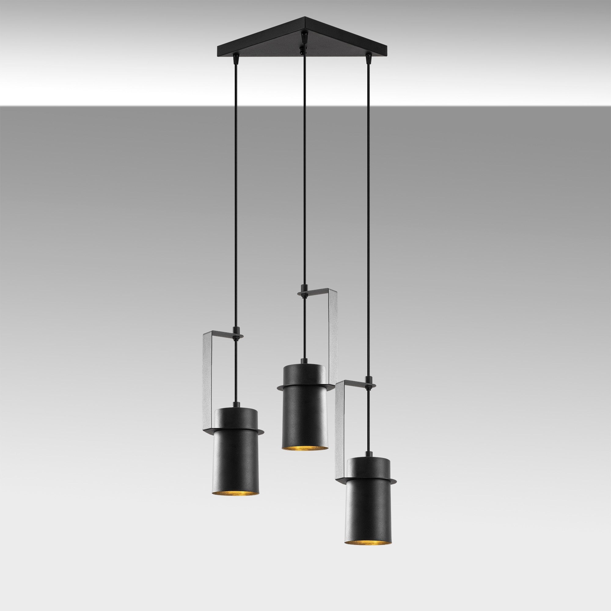 Candeeiro de Teto industrial preto, corpo de metal, 40 x 40 cm, altura 126 cm, ajustável, 3 x E27 máx. 40 W, design elegante para espaços modernos, classificação IP20.