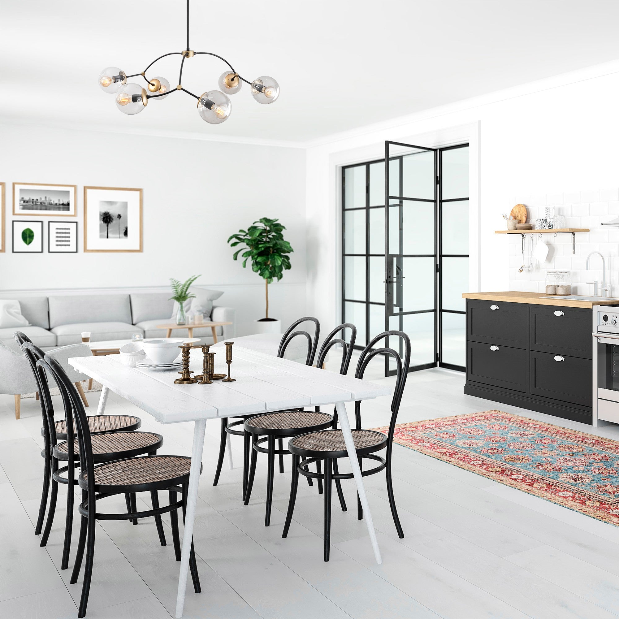 Candeeiro de Teto escandinavo, corpo de metal preto, 90 x 90 cm, altura: 69 cm, 6 x E27 máx. 40 W, elegante tampa de vidro, design moderno para residências e escritórios