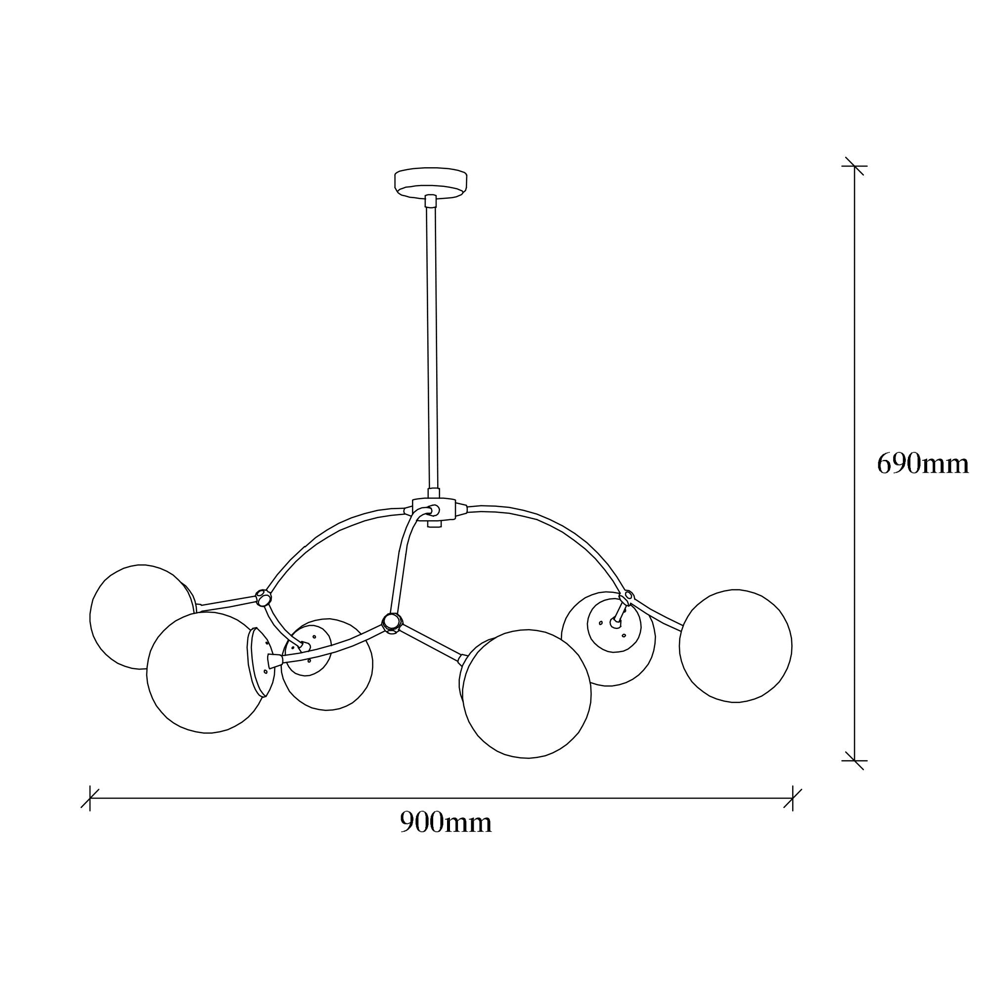 Candeeiro de Teto escandinavo, corpo de metal preto, 90 x 90 cm, altura: 69 cm, 6 x E27 máx. 40 W, elegante tampa de vidro, design moderno para residências e escritórios