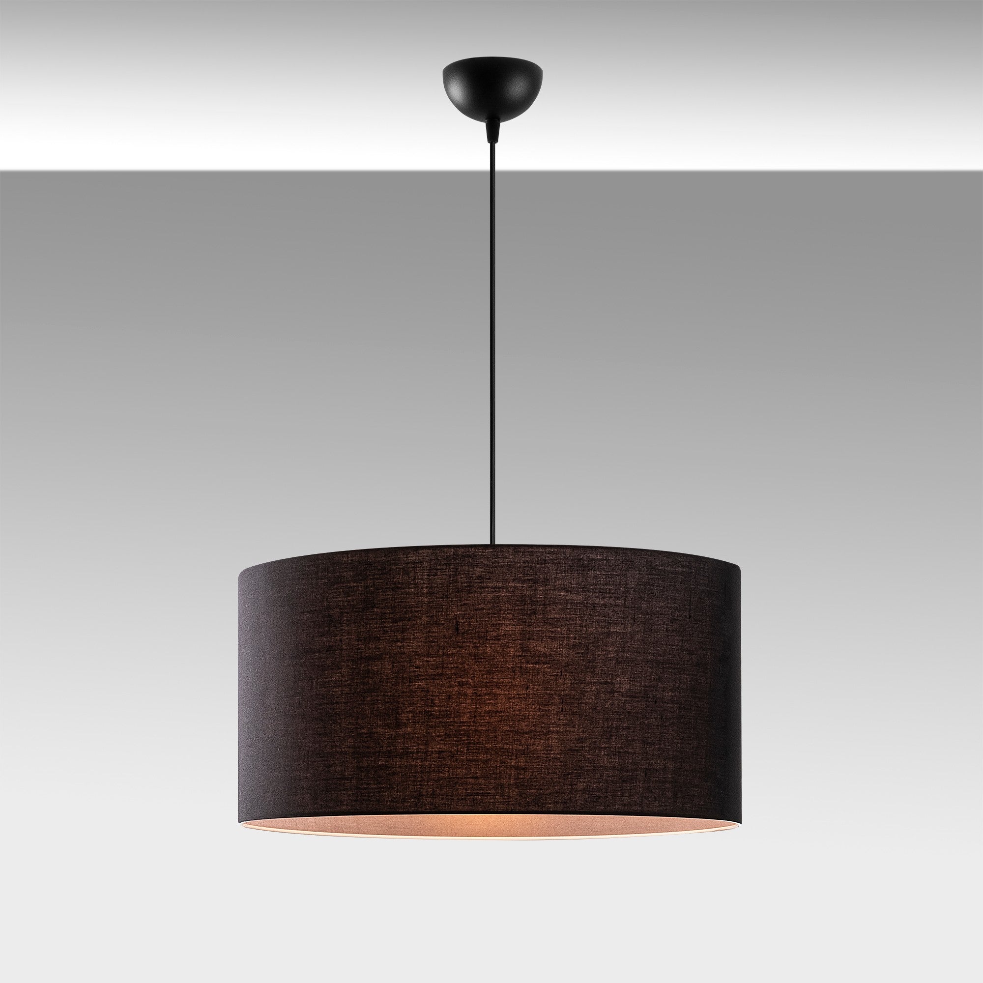Candeeiro de Teto estilo escandinavo, corpo de metal preto, altura ajustável de 41 a 121 cm, tampa de tecido de 50 cm de diâmetro, soquete E27, iluminação elegante para espaços modernos