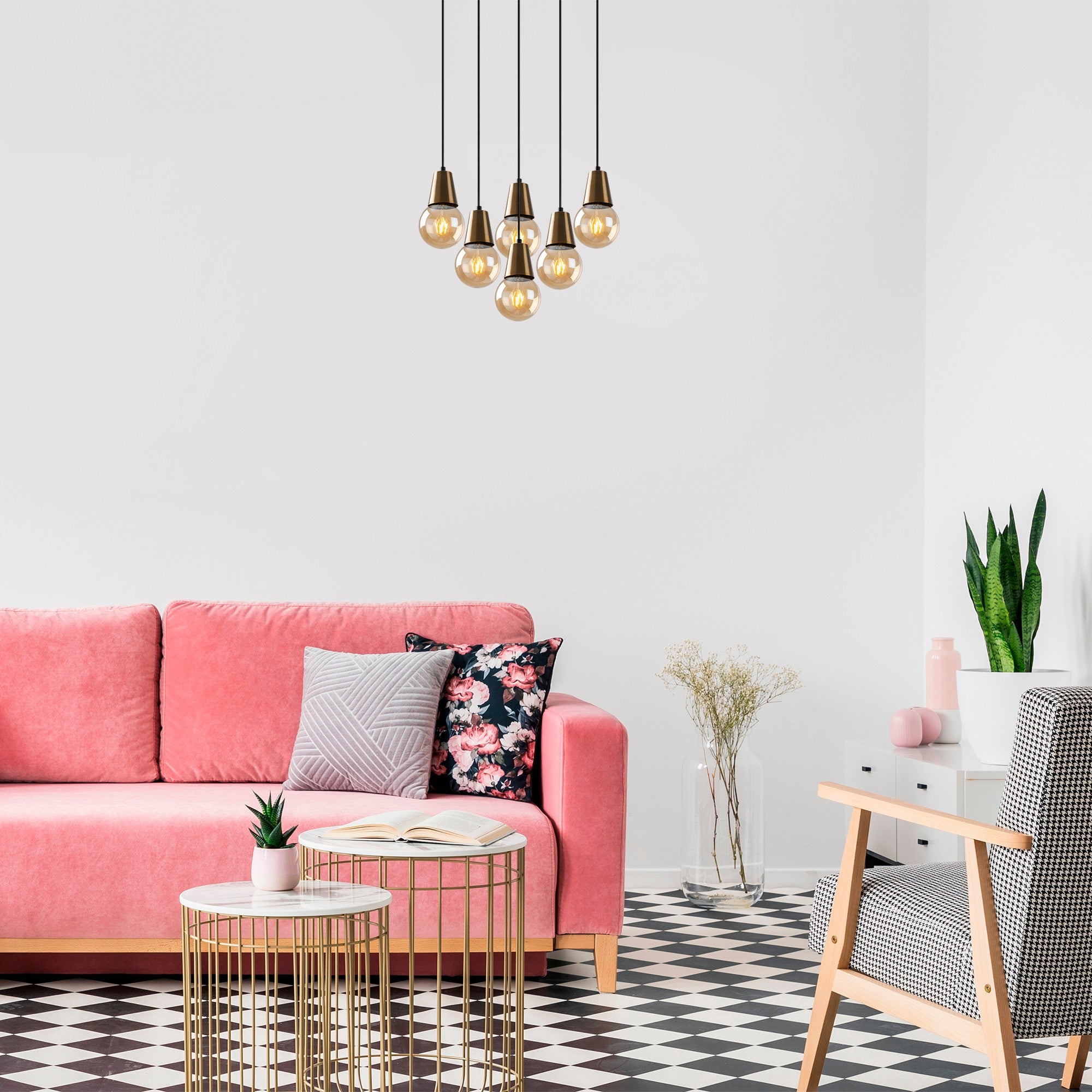 Candeeiro de Teto Vintage Elegante, Corpo em Metal, Altura Ajustável 24-104 cm, 49 x 42 cm | 6 x E27 Máx. 40 W | Iluminação Glamourosa para Espaços Modernos