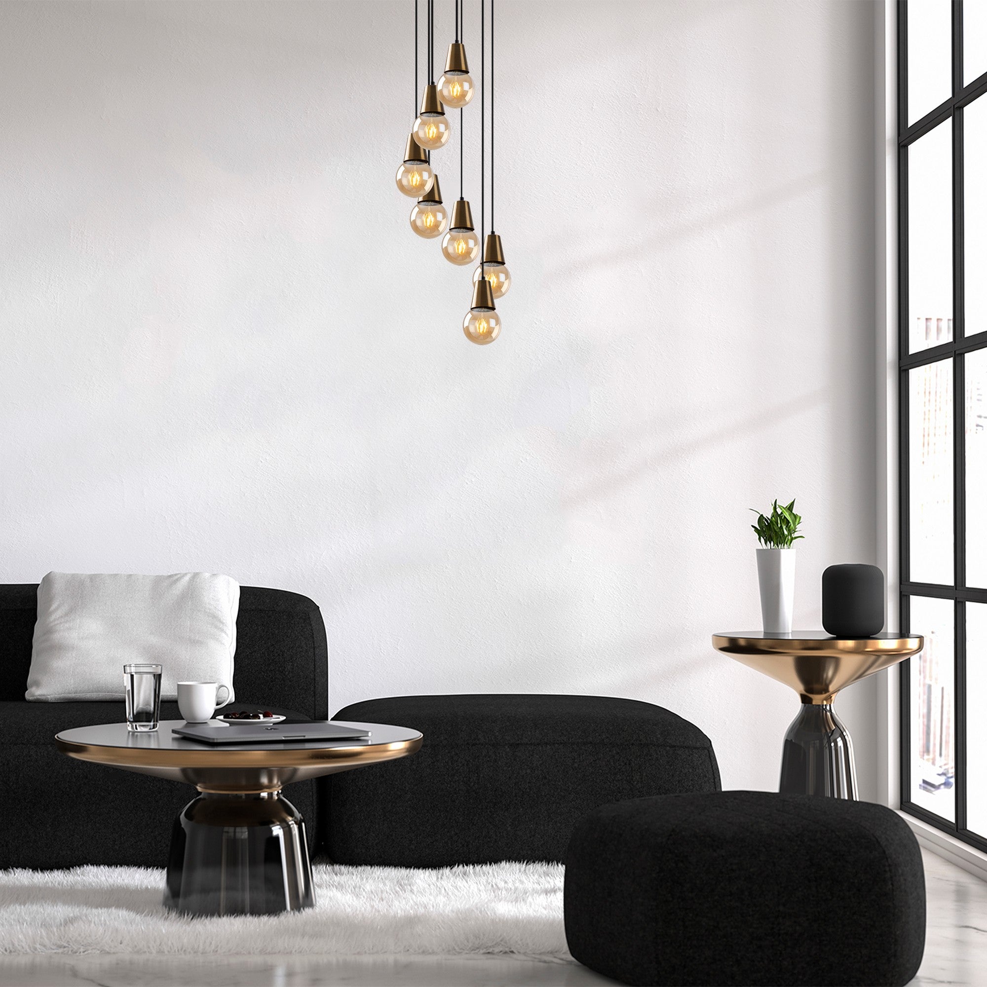 Candeeiro de Teto Vintage Elegante, Corpo em Metal, 50 x 50 cm, Altura Ajustável 24-104 cm, 7 x E27 Máx. 40 W, IP20 | Iluminação Glamourosa para Espaços Modernos