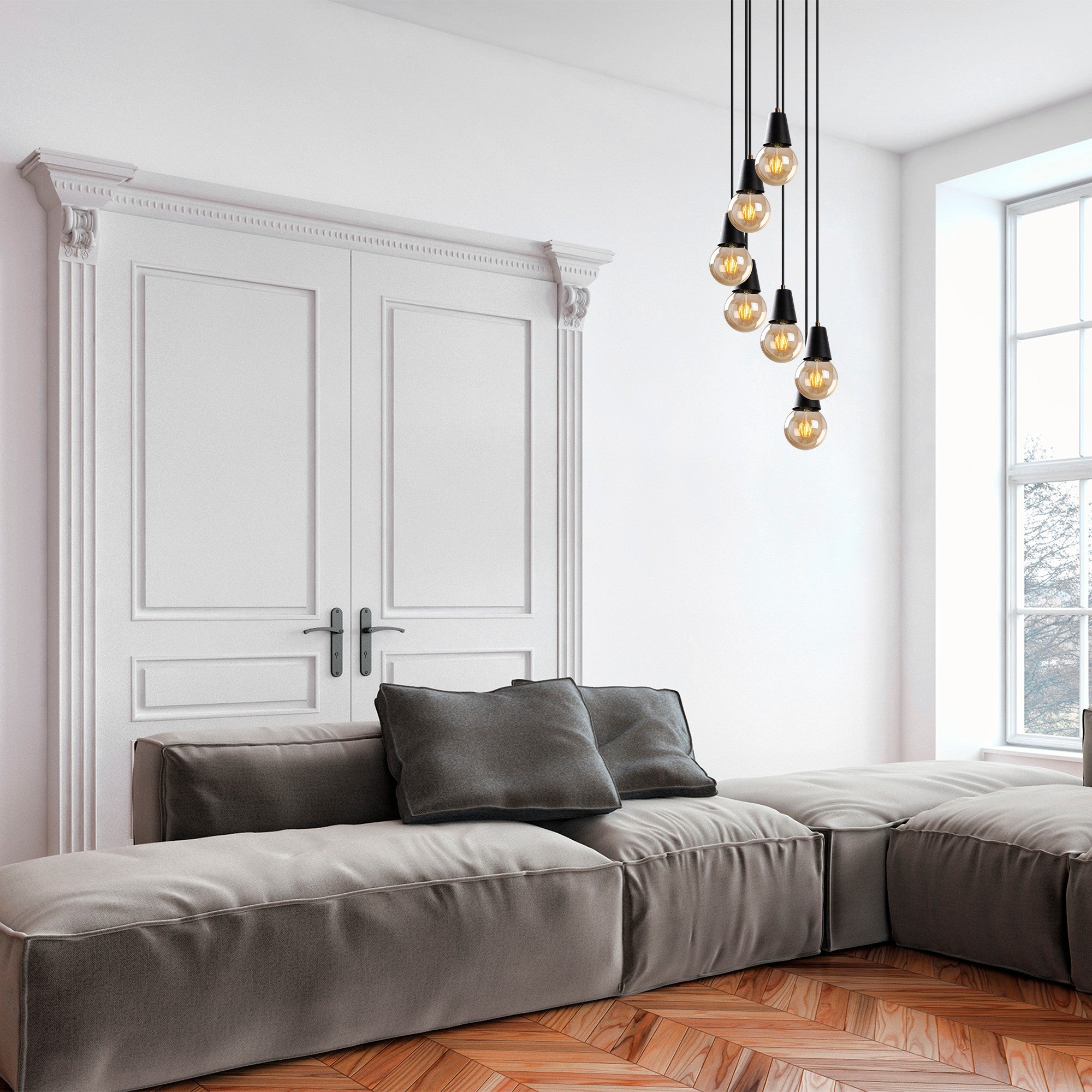 Candeeiro de Teto Industrial Preto, Altura Ajustável 24-104 cm, 50 x 50 cm, Corpo em Metal, 7 x E27 Máx. 40 W, IP20 | Iluminação Moderna para Casa e Escritório