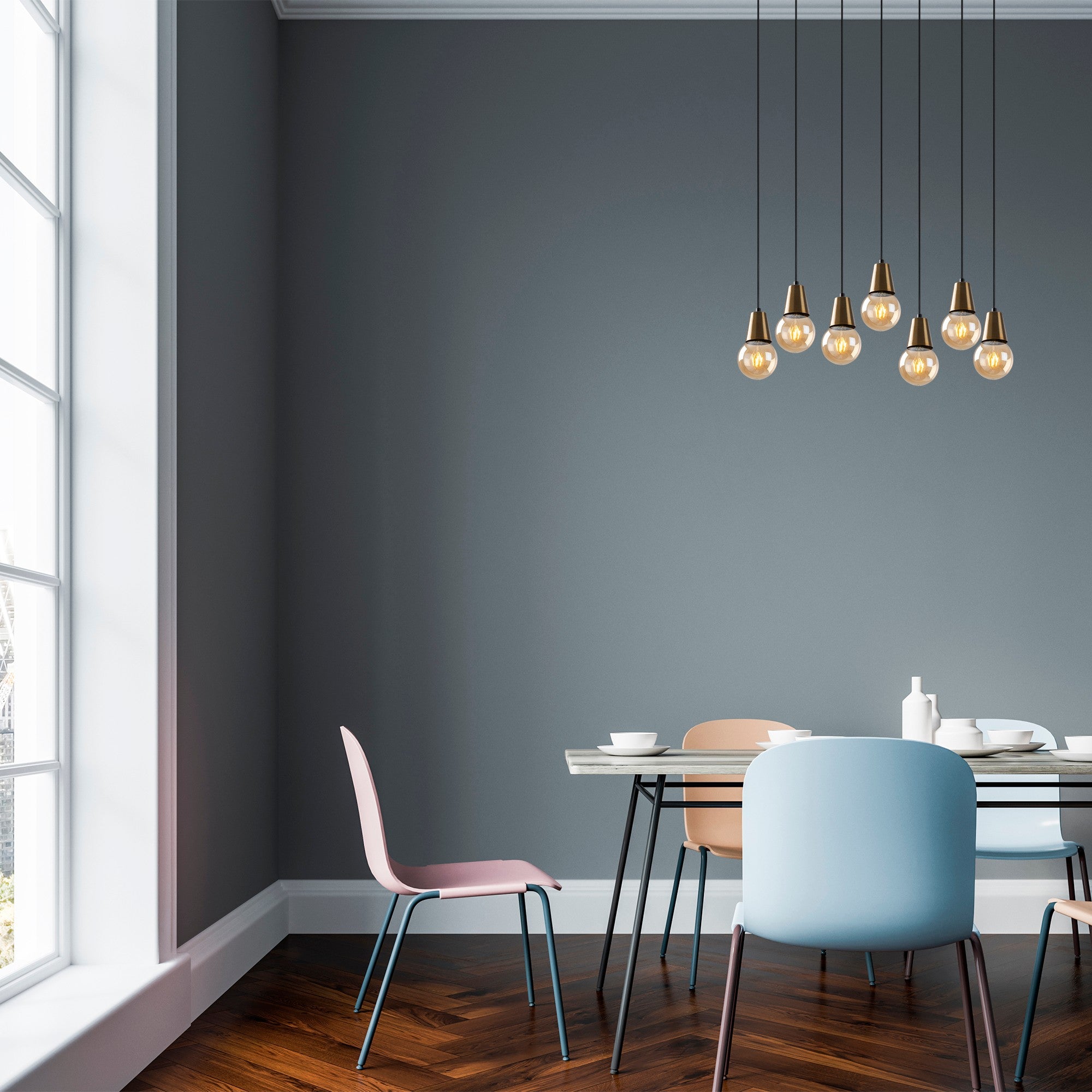 Candeeiro de Teto Vintage Elegante, Corpo em Metal, 80 x 24 cm, Altura Ajustável 25-104 cm, 7 x E27 Máx. 40 W, IP20 | Iluminação Glamourosa para Espaços Modernos