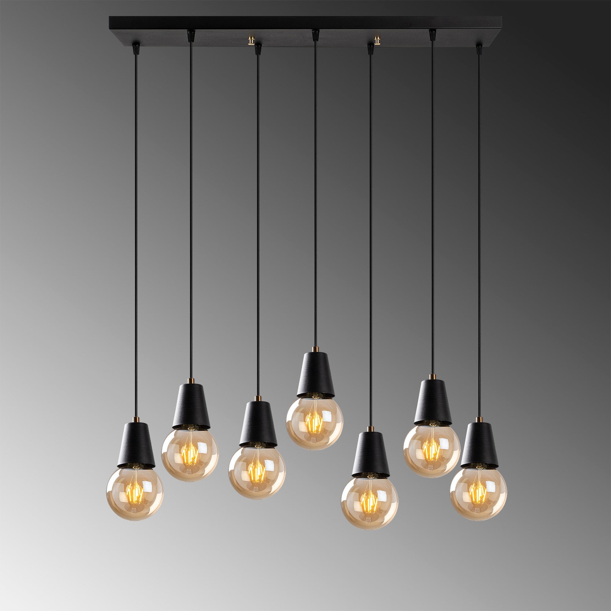 Candeeiro de Teto Industrial Preto, Altura Ajustável 25-104 cm, 80 x 24 cm, Corpo em Metal, 7 x E27 Máx. 40 W, IP20 | Iluminação Moderna para Casa e Escritório