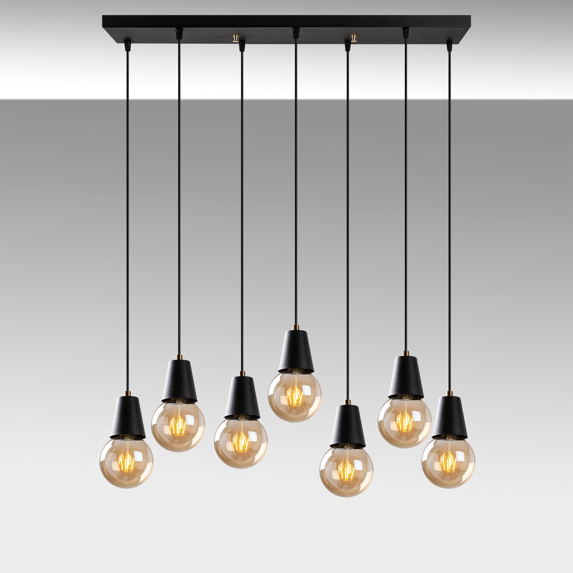 Candeeiro de Teto Industrial Preto, Altura Ajustável 25-104 cm, 80 x 24 cm, Corpo em Metal, 7 x E27 Máx. 40 W, IP20 | Iluminação Moderna para Casa e Escritório