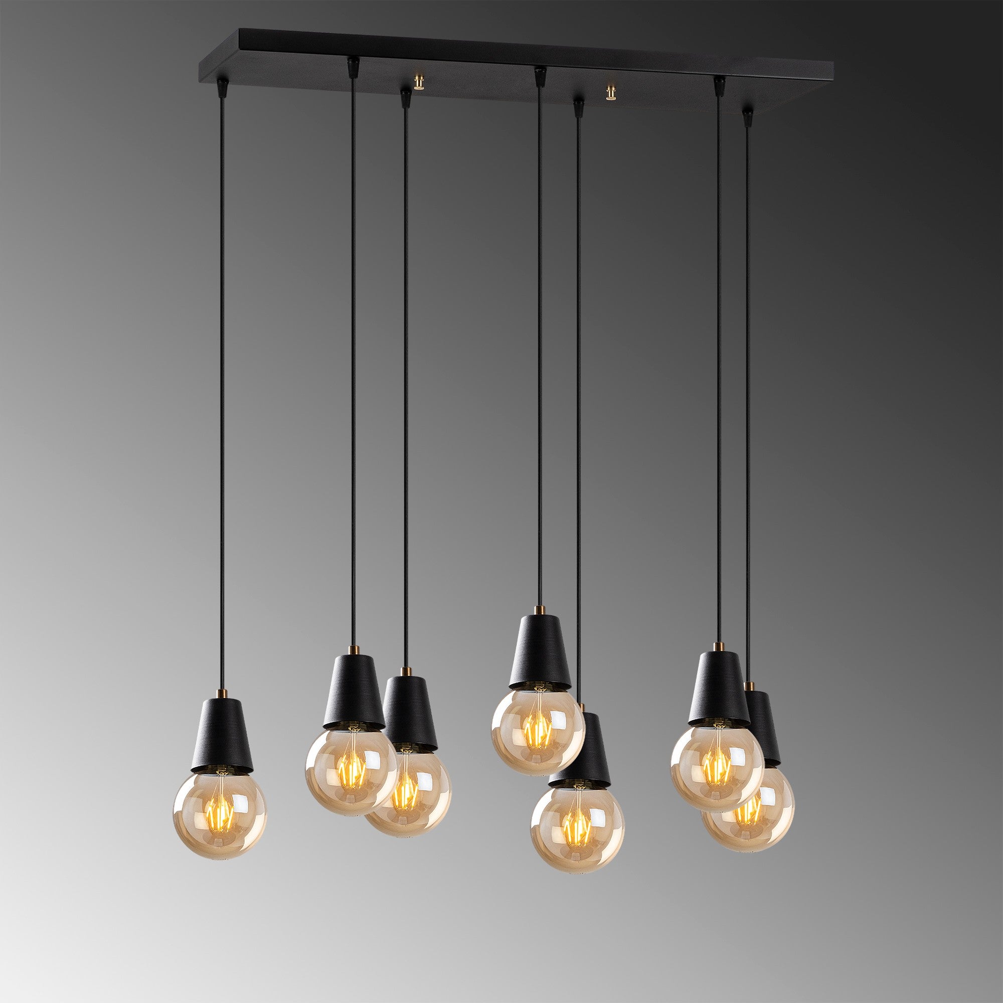 Candeeiro de Teto Industrial Preto, Altura Ajustável 25-104 cm, 80 x 24 cm, Corpo em Metal, 7 x E27 Máx. 40 W, IP20 | Iluminação Moderna para Casa e Escritório