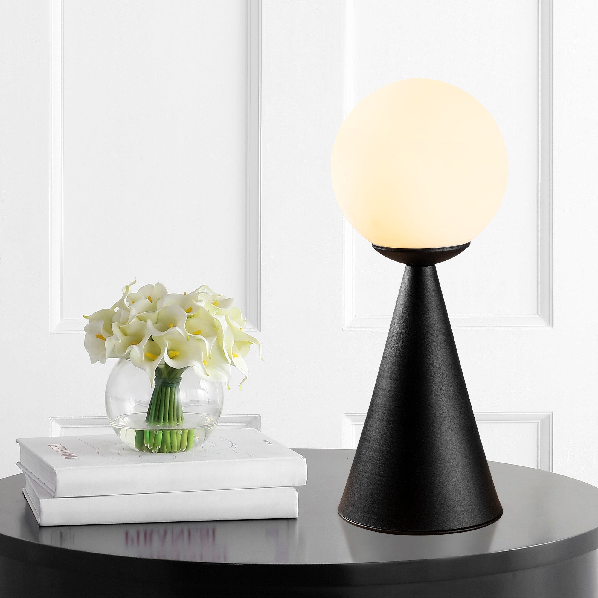 Candeeiro de Mesa Estilo Escandinavo, Corpo de Metal com Tampa de Vidro, 43 cm de Altura, Preto e Branco, Soquete E27, 40 W Máx., Cabo de 200 cm | Design Elegante e Moderno