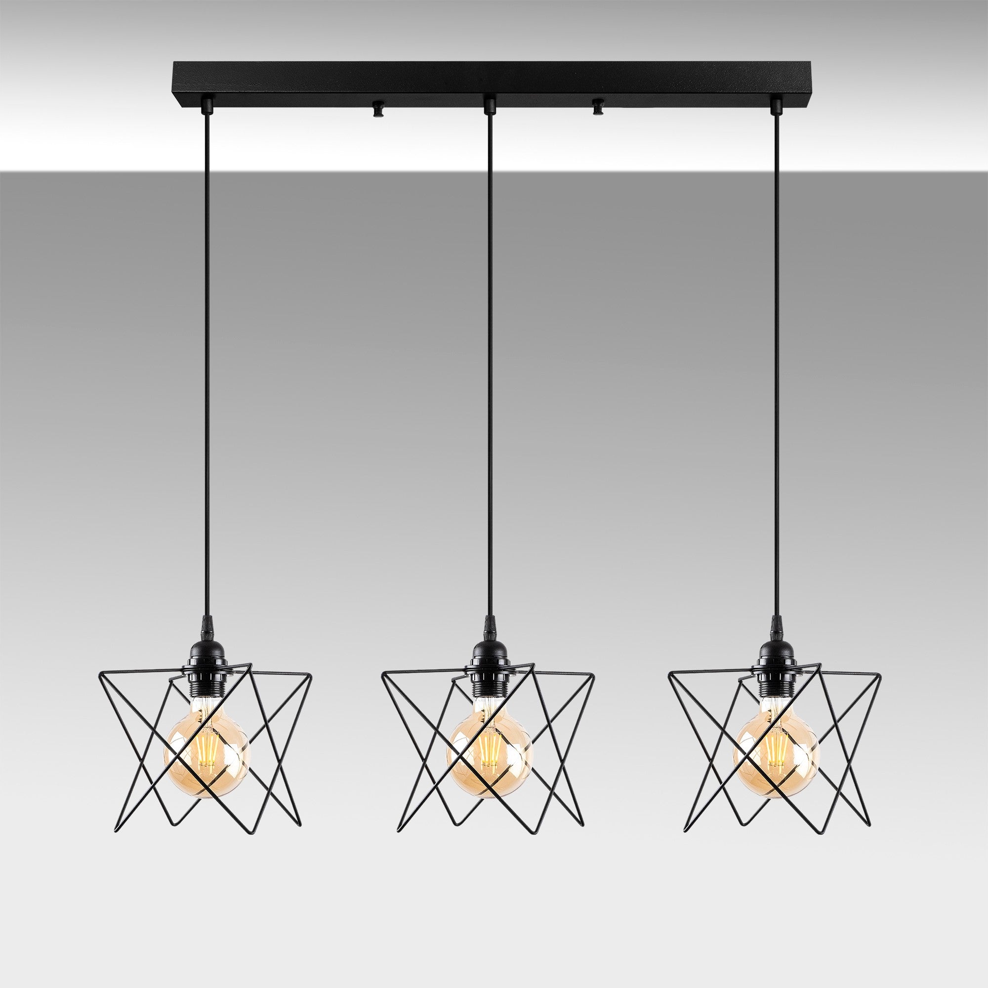 Candeeiro de Teto Industrial, Corpo em Metal Preto, Altura Ajustável 30-120 cm, 98 x 24 cm, 3 Soquetes E27, IP20 | Perfeito para Decoração Moderna de Casa e Escritório