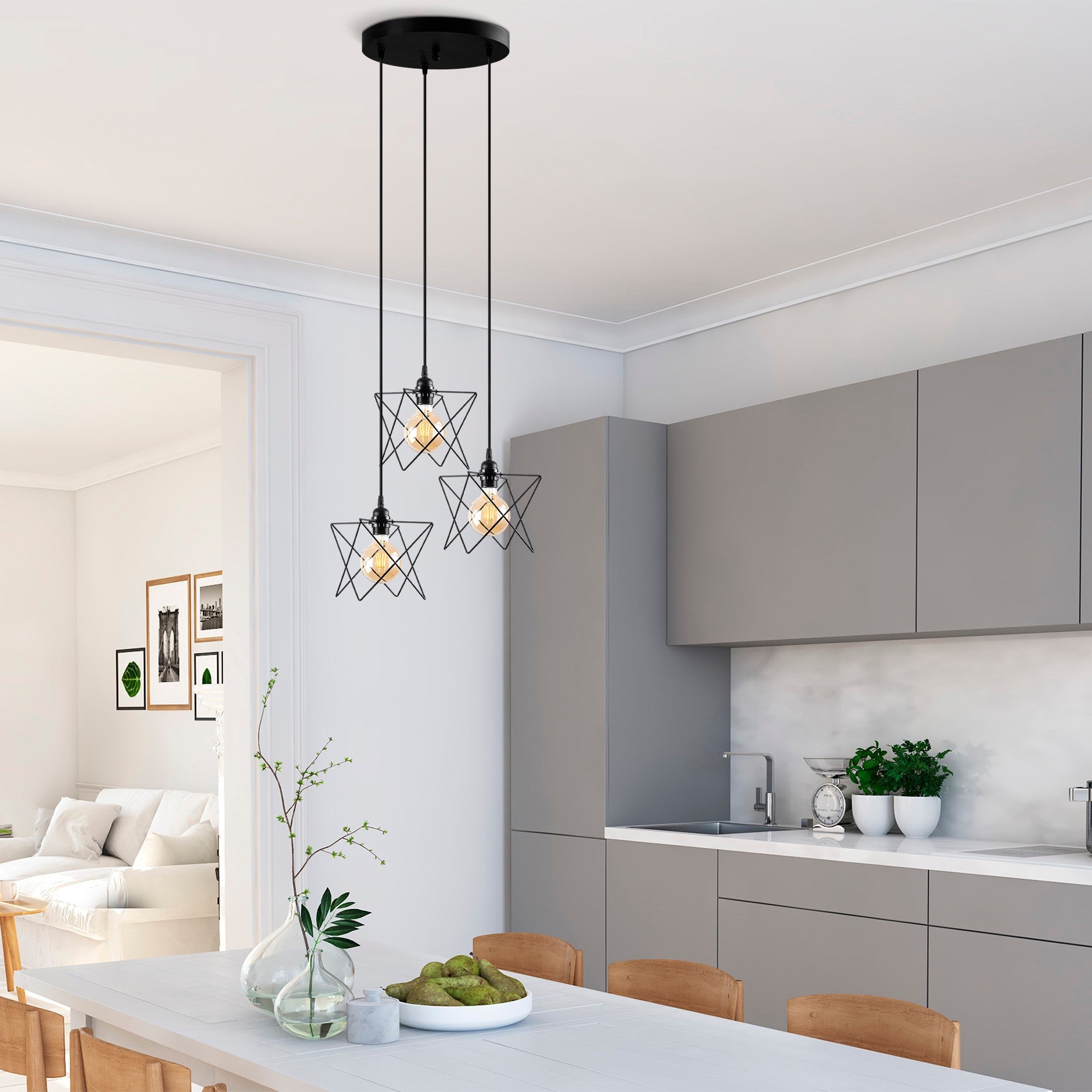 Candeeiro de Teto Industrial, Metal Preto, 54 cm de Diâmetro, Altura Ajustável 30-120 cm, 3 x E27 Máx. 40 W, Iluminação Elegante para Espaços Modernos, IP20