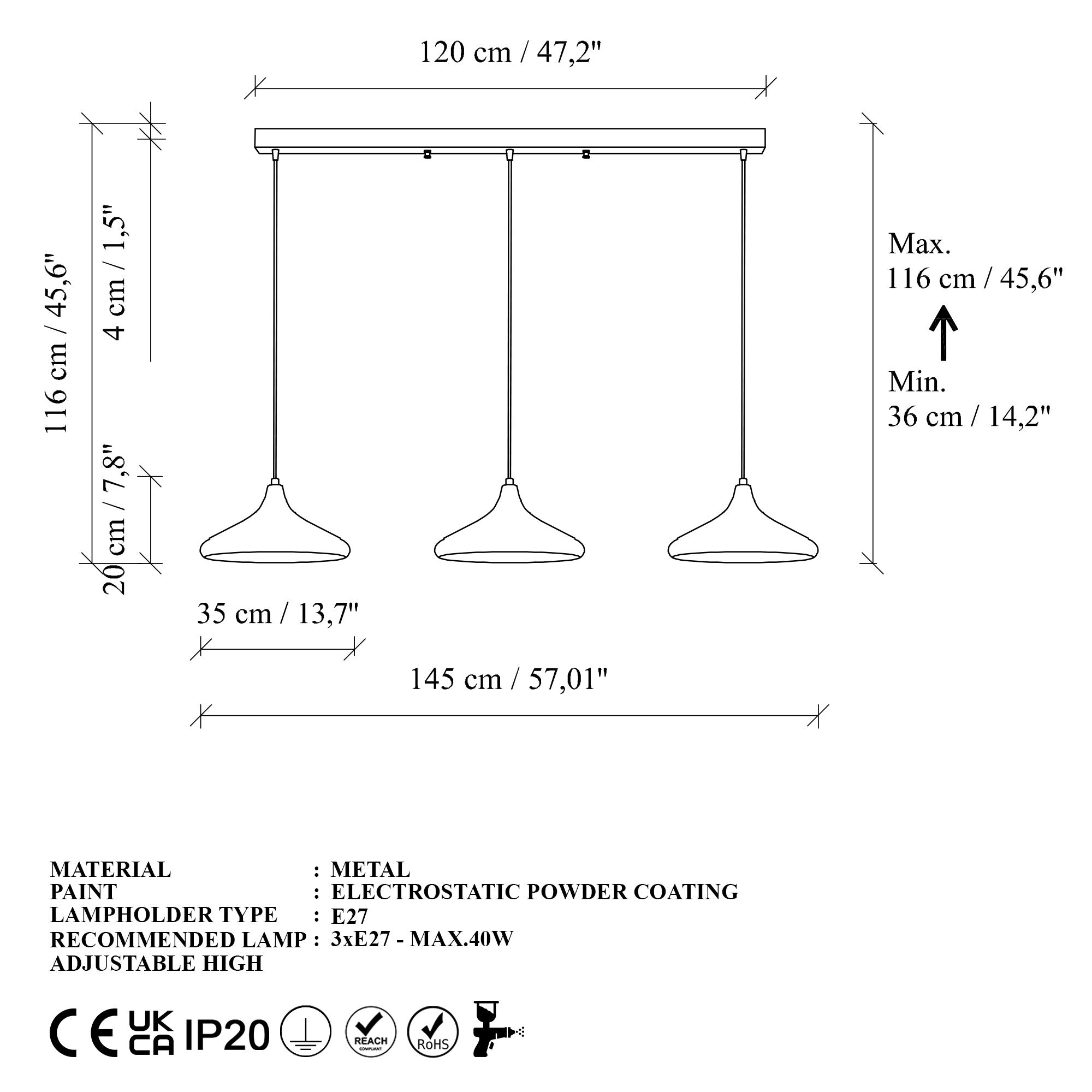 Candeeiro de Teto – 145 x 35 x 116 cm – Dourado – Metal