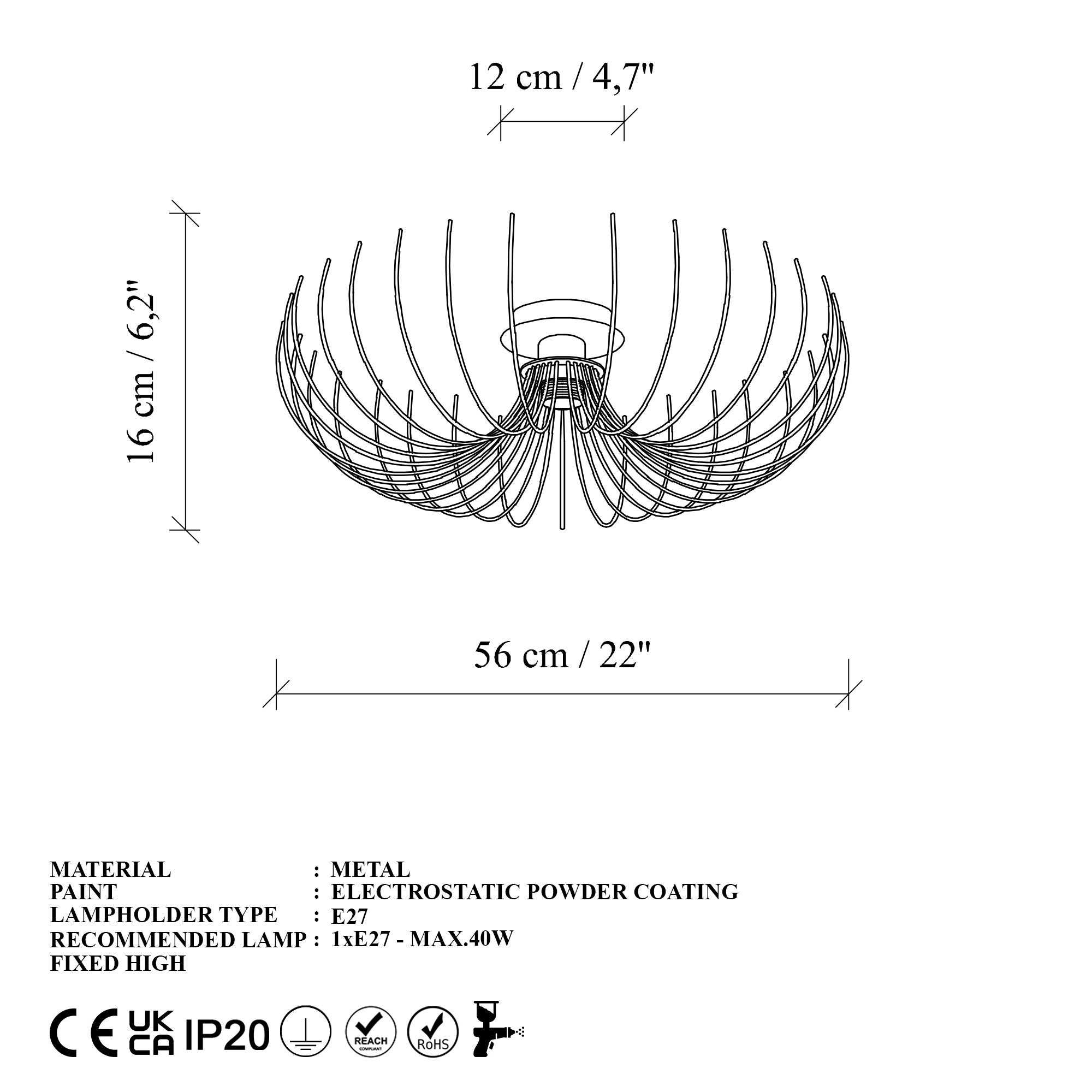 Candeeiro de Teto – 56 x 56 x 16 cm – Dourado – Metal