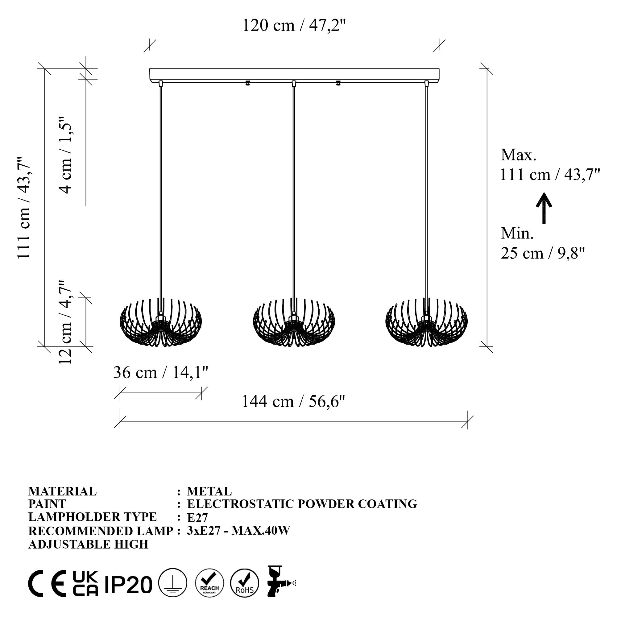 Candeeiro de Teto – 144 x 36 x 111 cm – Dourado – Metal