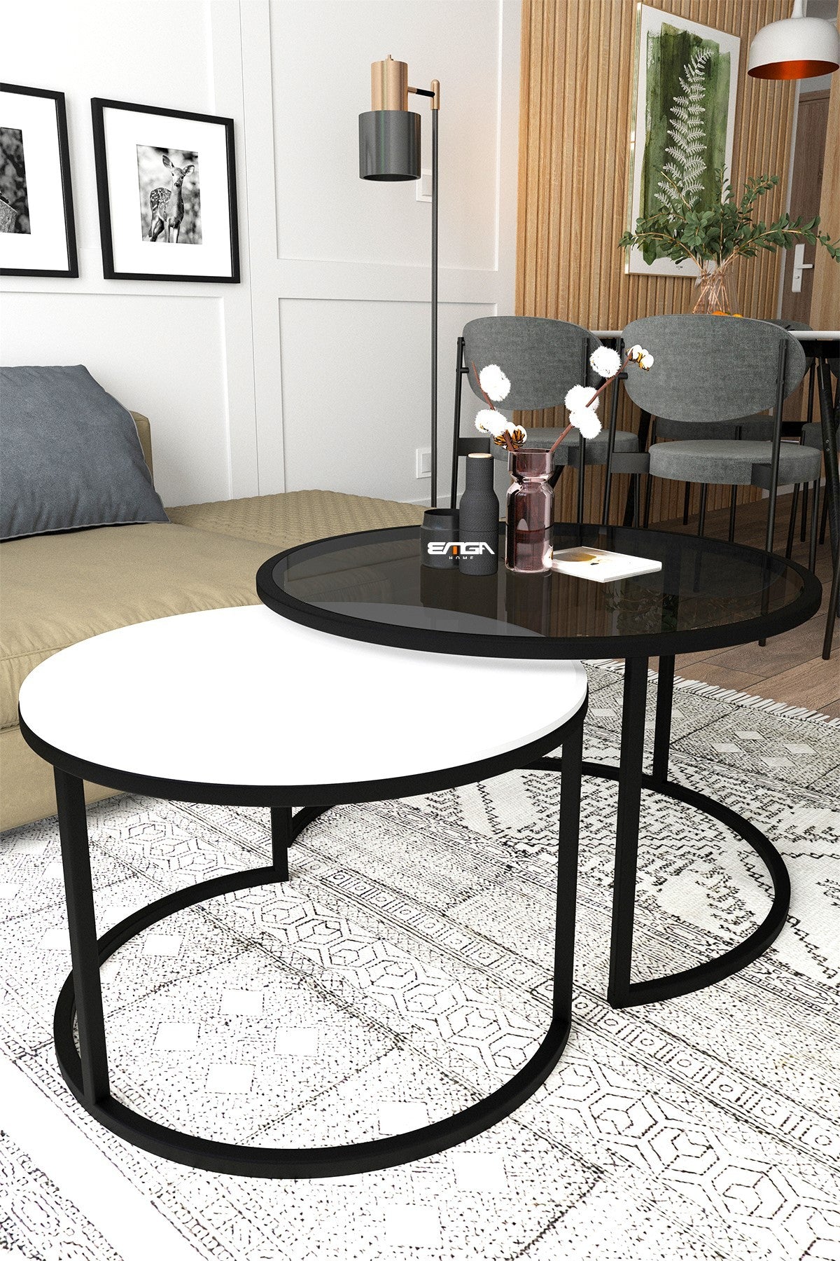 Mesa de Centro em Vidro Temperado e Metal - Design Moderno Fume e Branco 75x45x75cm