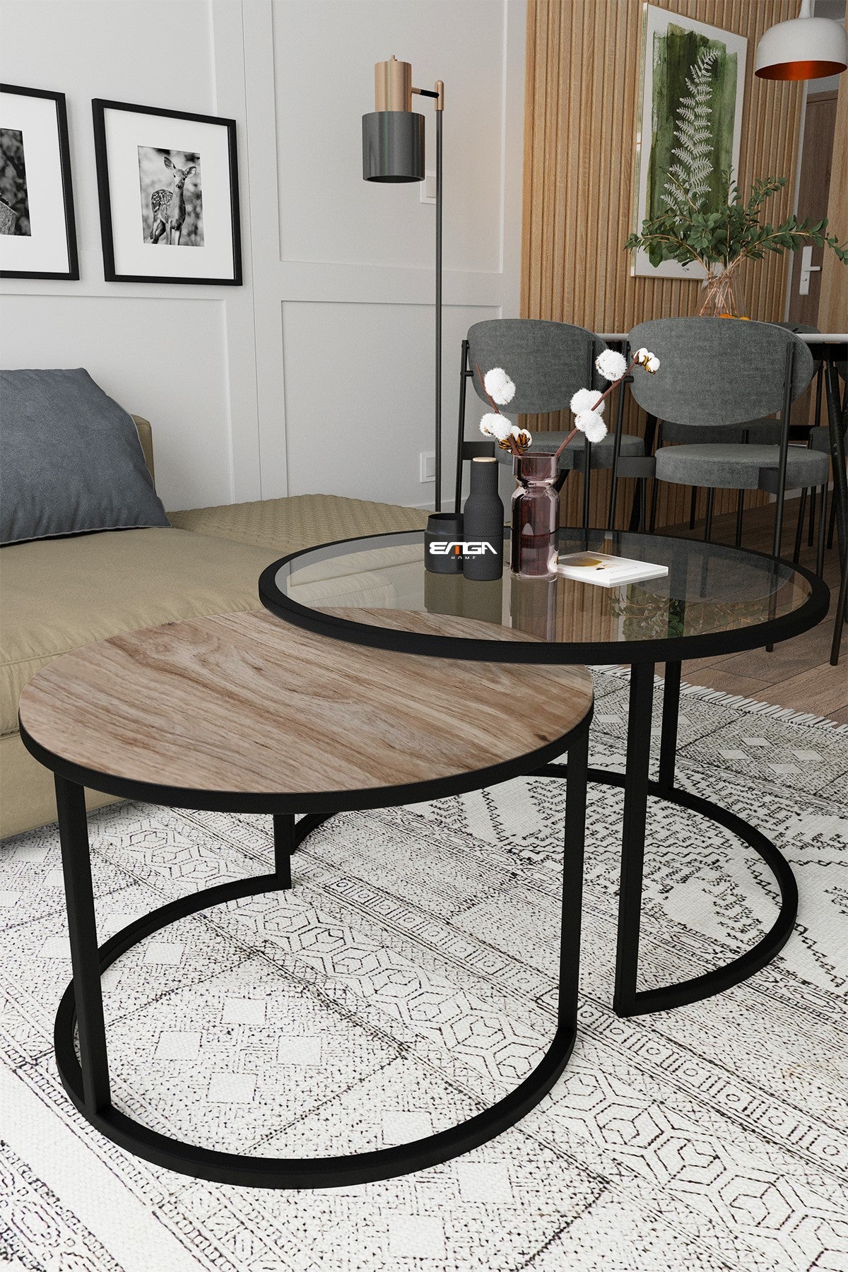 Mesa de Centro Transparente com Estrutura Metálica e Prateleira em Pinho Antigo - 75x45x75cm