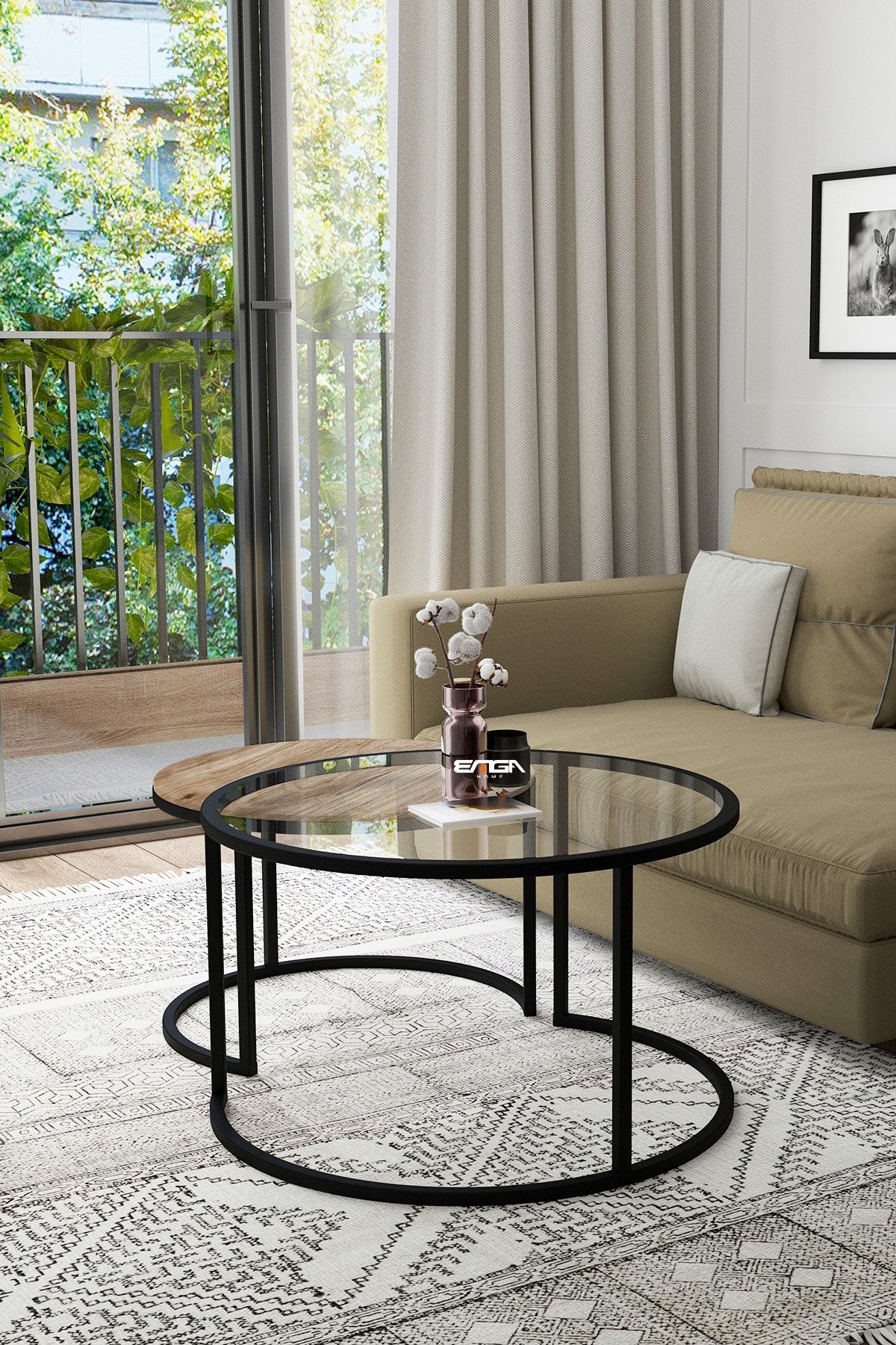 Mesa de Centro Transparente com Estrutura Metálica e Prateleira em Pinho Antigo - 75x45x75cm