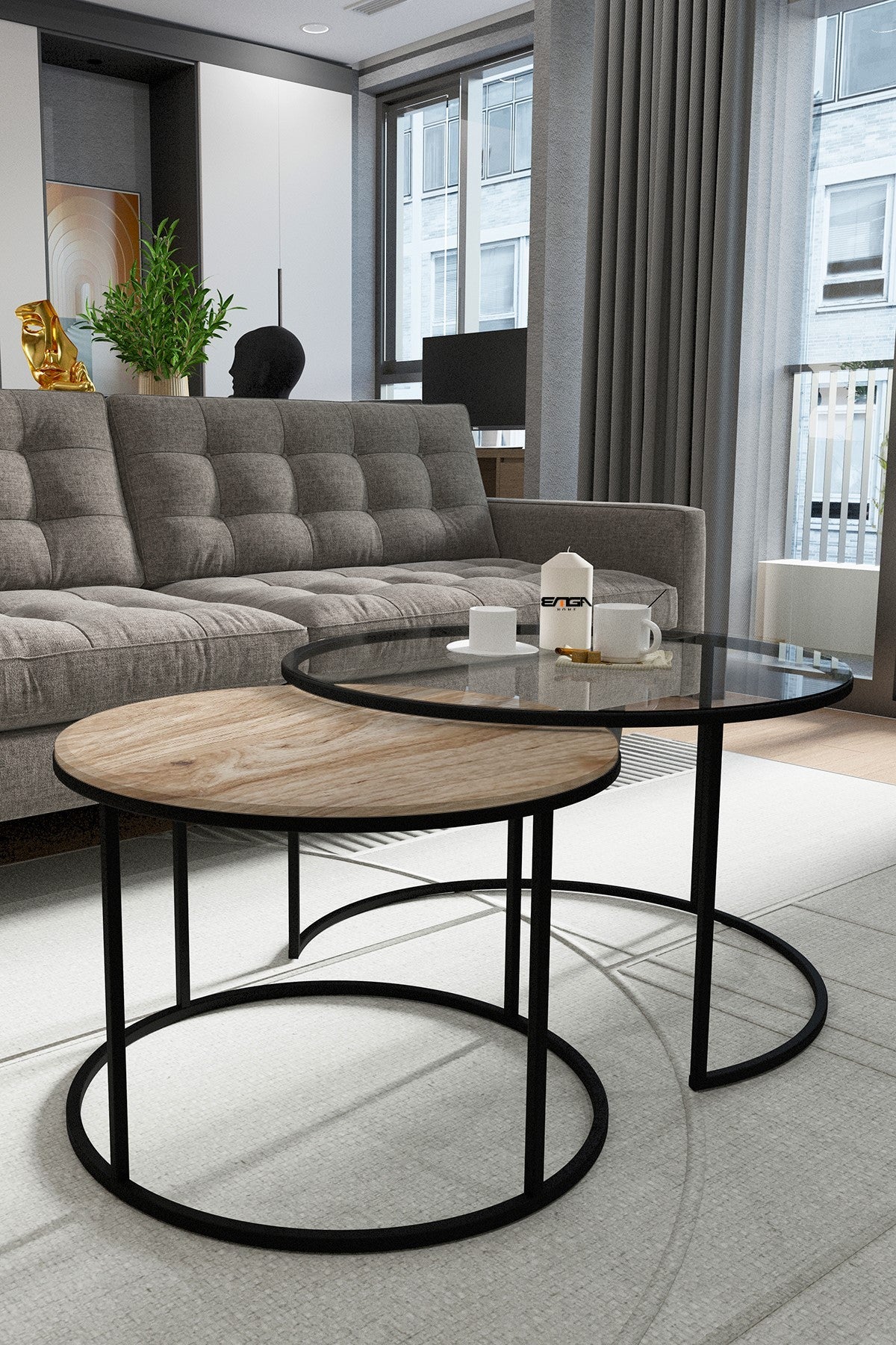 Mesa de Centro Transparente com Estrutura Metálica e Prateleira em Pinho Antigo - Design Moderno 72x45x72cm