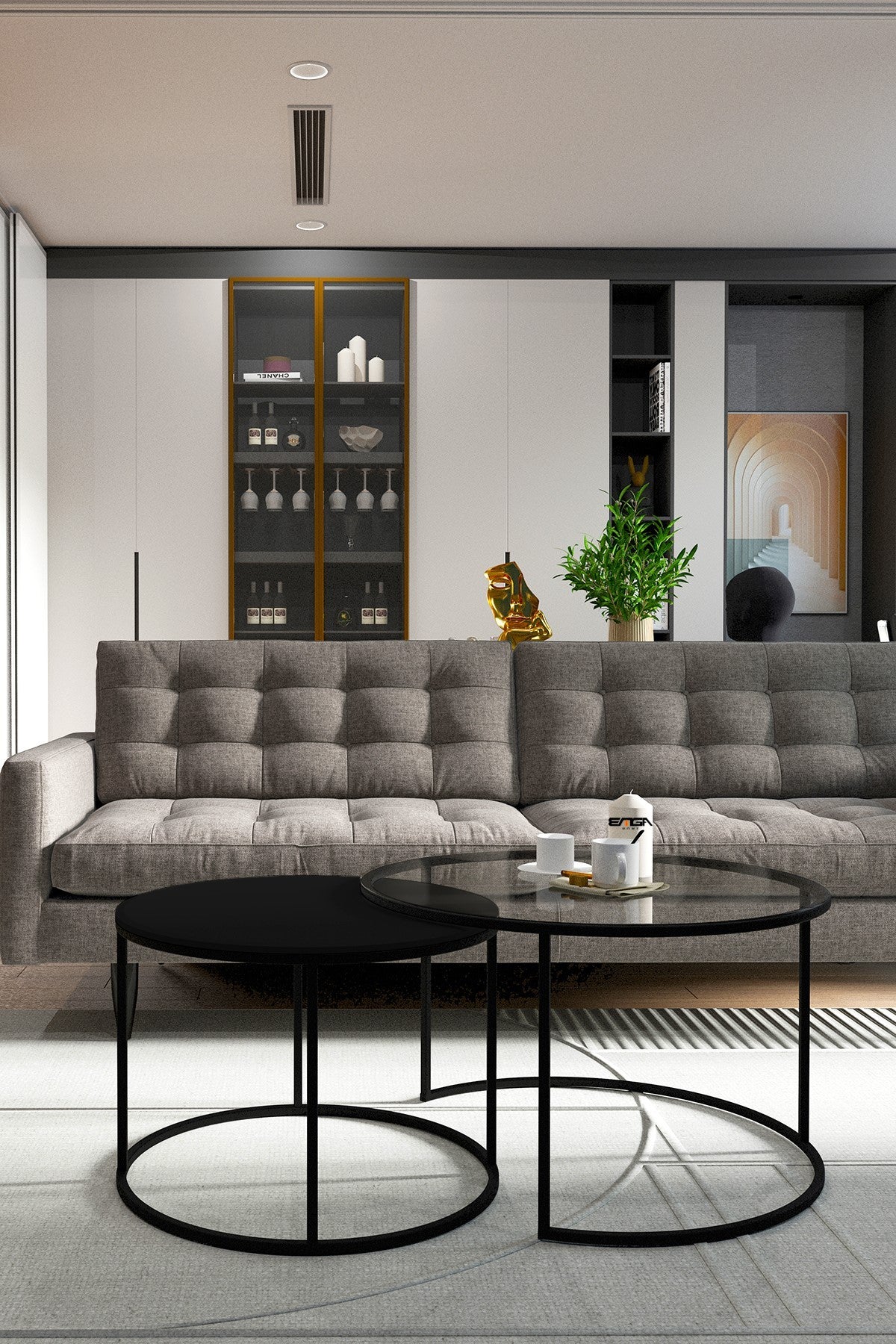 Mesa de Centro Moderna em Vidro Temperado e Metal - Design Transparente e Preto 72x45x72cm